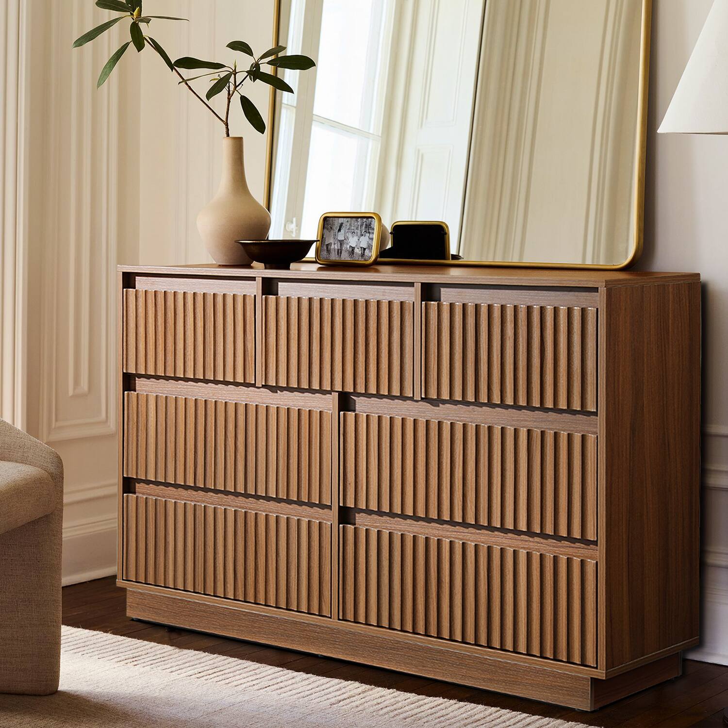 Angle. Koligey - 7-Drawer Dresser 47"W Double Dresser With Waveform Fluted Panel - brown.
