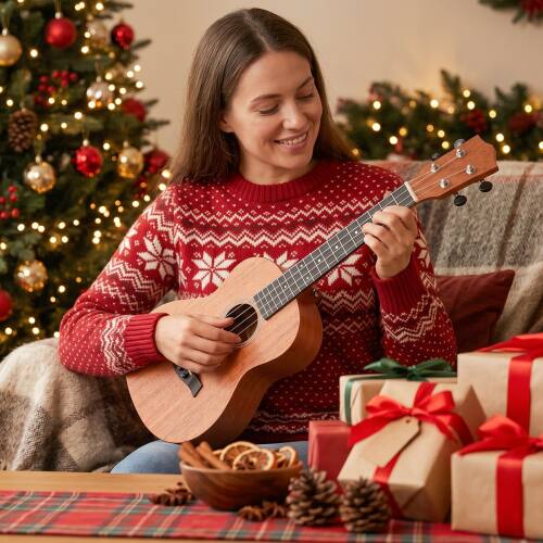 Alt View 3. Winado - 26" Mahogany 4-String Soprano Ukulele Kit  Includes Gig Bag, Strap, Picks, Strings and Cleaning Cloth - Natural.