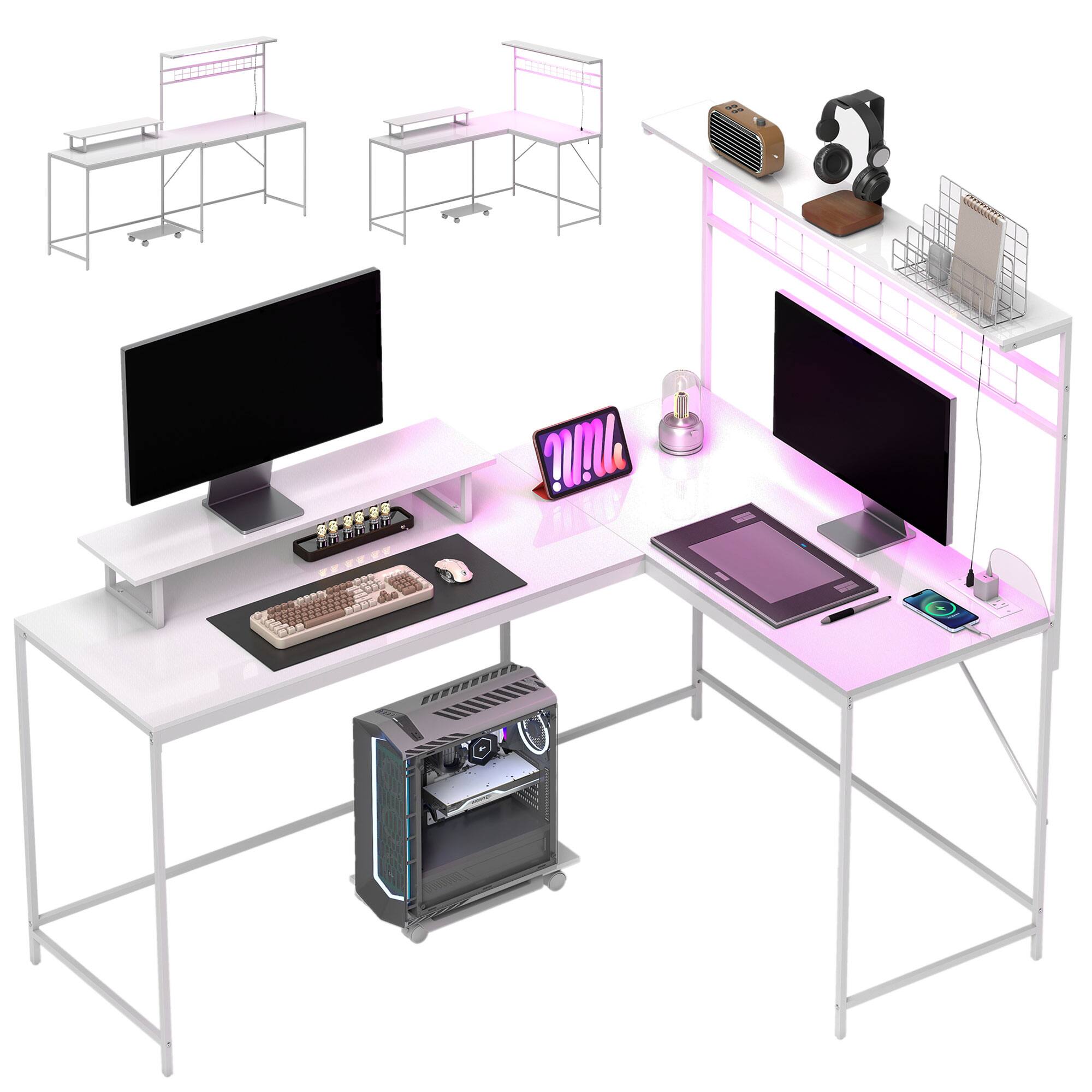 Homcom - 61.6" L Shaped Desk with Power Outlets & LED Lights, Industrial Convertible Corner Computer Gaming Desk - White