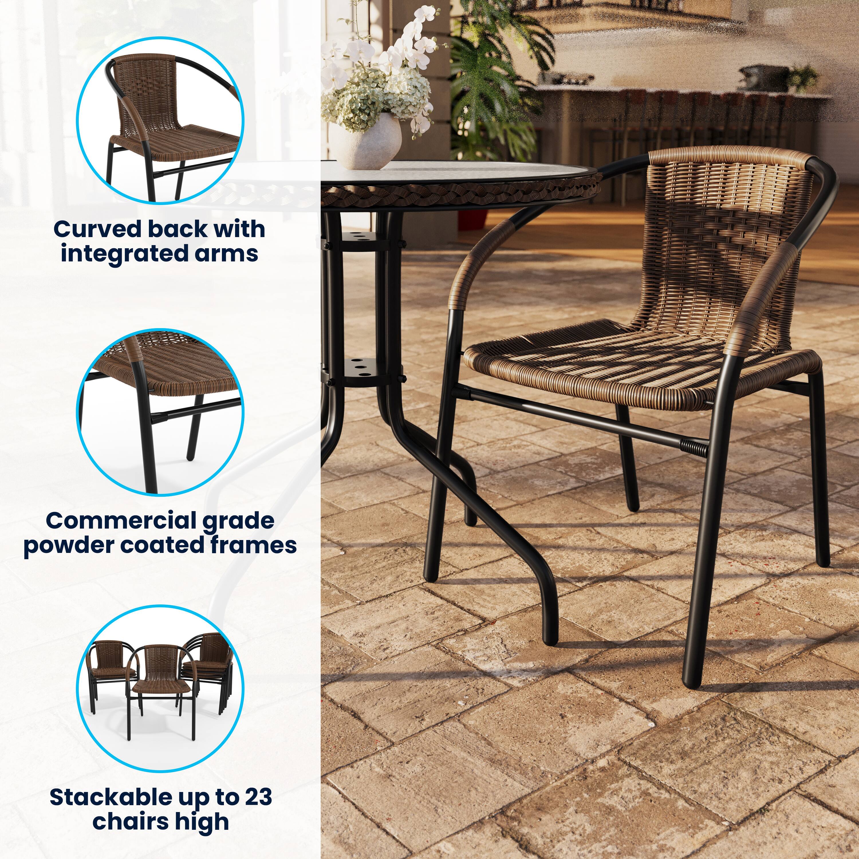 Curved back with integrated arms  
Commercial grade powder coated frames  
Stackable up to 23 chairs high