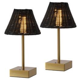 Jonathan Y - Chester 11.25" Rechargeable Table Lamp Set of 2, Bohemian with Black Rattan Shade, Touch Dimmable for Bedroom - Brass Gold