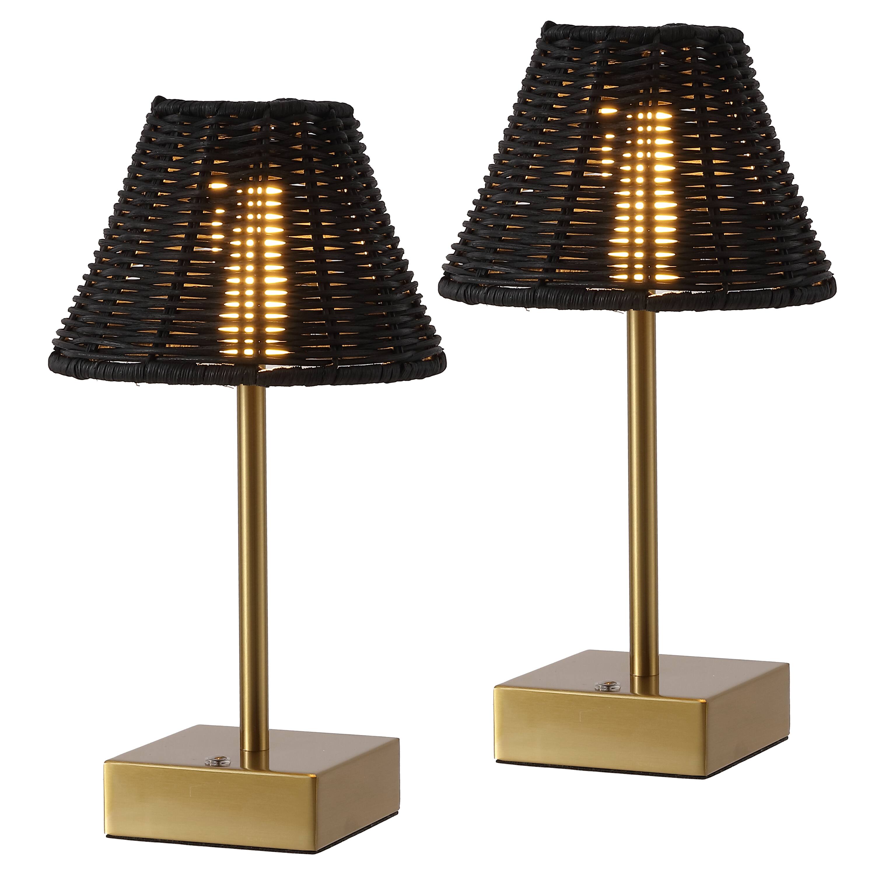 Front. Jonathan Y - Chester 11.25" Rechargeable Table Lamp Set of 2, Bohemian Brass Gold with Black Rattan Shade, Touch Dimmable for Bedroom - Brass Gold.