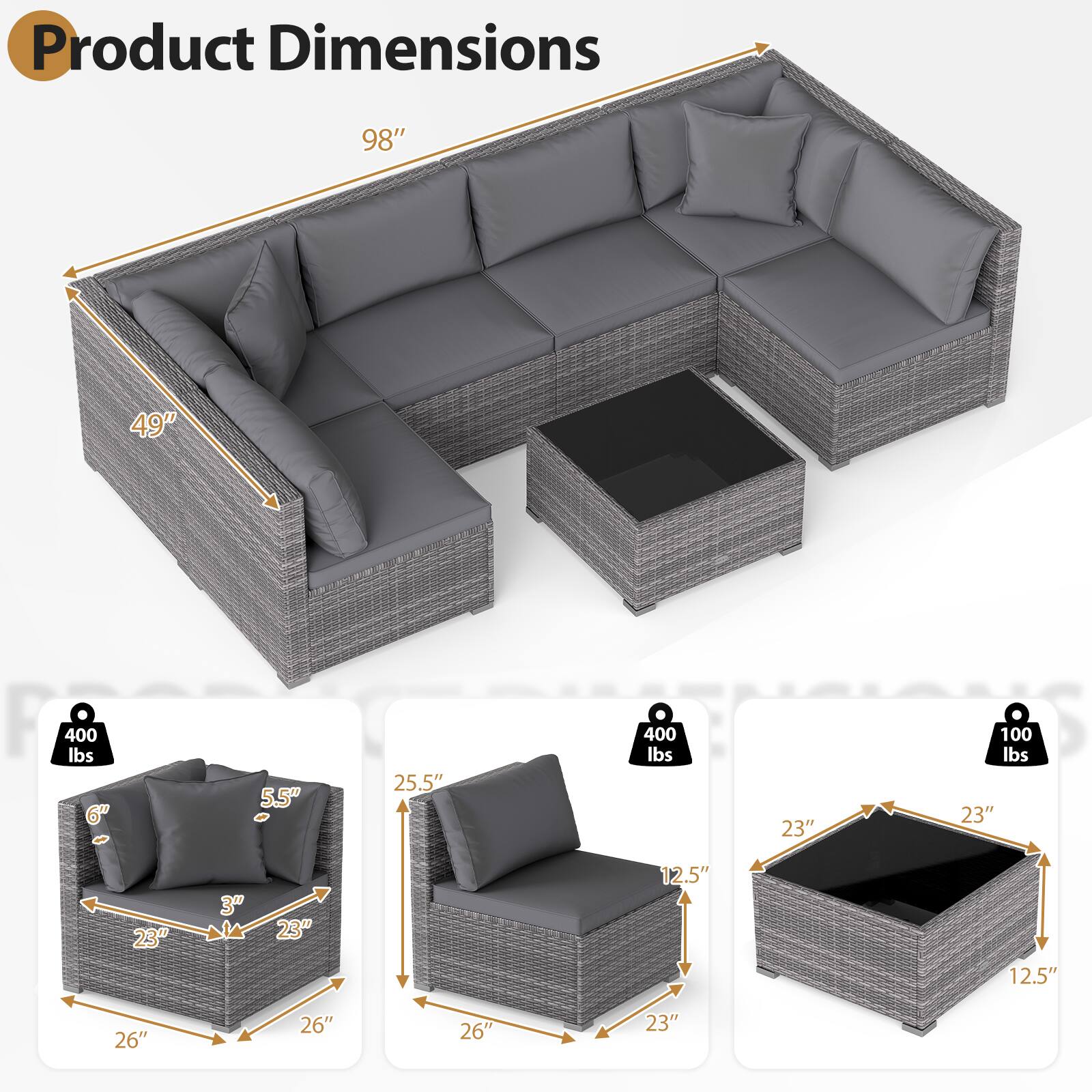 Product Dimensions: 98" x 49"  
Weight Capacity: 400 lbs  
Armrest Height: 6"  
Seat Height: 5.5"  
Seat Depth: 25.5"  
Table Dimensions: 23" x 23" x 12.5"  
Table Weight Capacity: 100 lbs