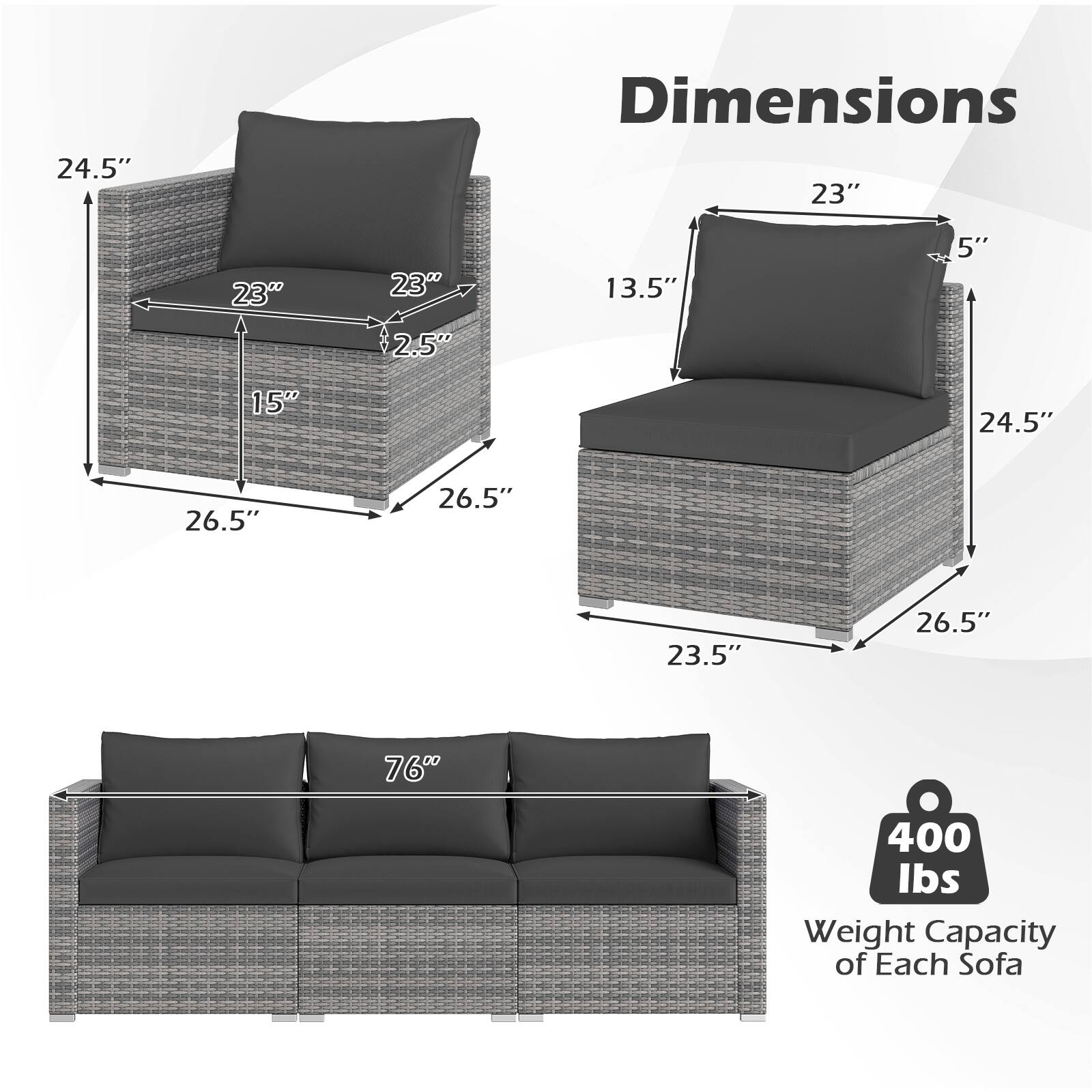 24.5" Dimensions 23" 23" 23" 13.5" 5" 2.5" 15" 24.5" 26.5" 26.5" 23.5" 26.5" 76" 400 lbs Weight Capacity of Each Sofa