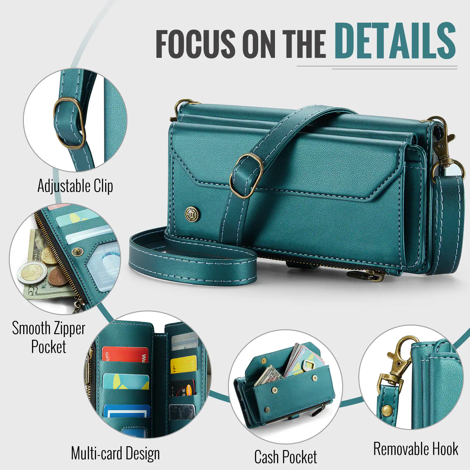 FOCUS ON THE DETAILS

- Adjustable Clip
- Smooth Zipper Pocket
- Multi-card Design
- Cash Pocket
- Removable Hook