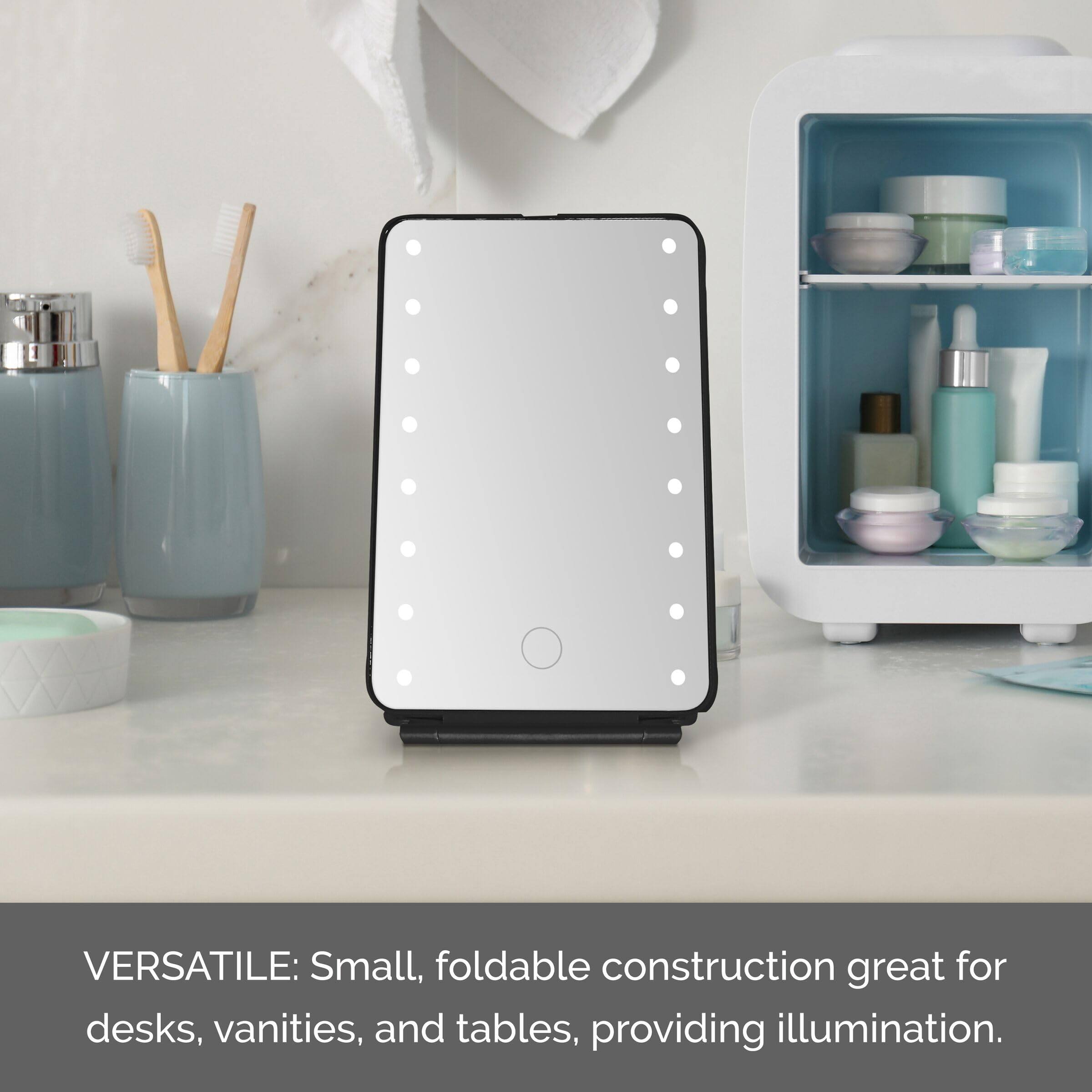 VERSATILE: Small, foldable construction great for desks, vanities, and tables, providing illumination.