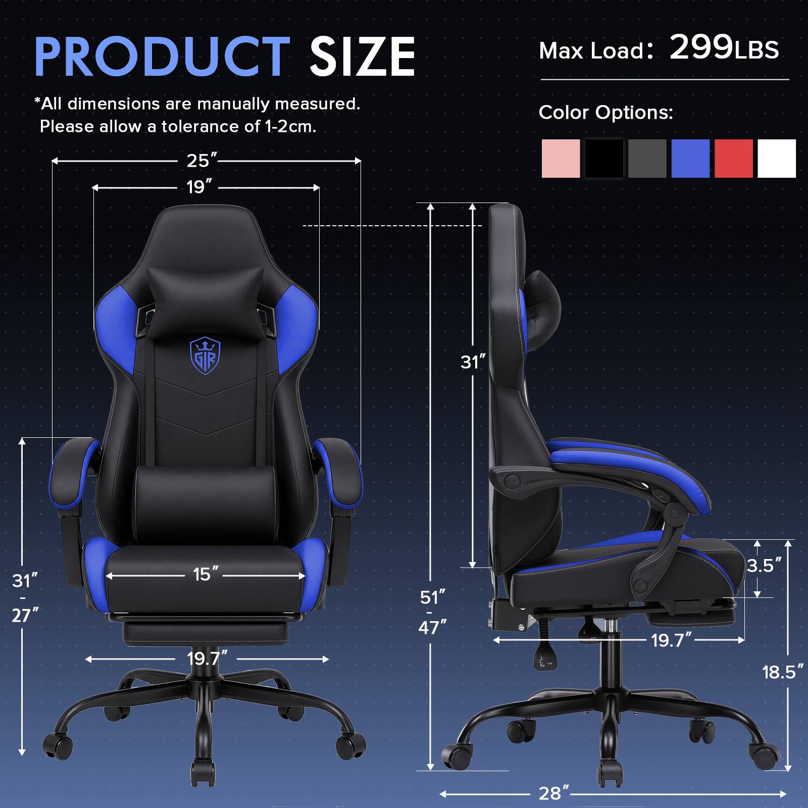 PRODUCT SIZE *All dimensions are manually measured. Please allow a tolerance of 1-2cm.
Max Load: 299LBS
Color Options:
25" 19"
31"
31" 27"
15" 19.7"
51" 47"
19.7"
3.5" 18.5"
28"
