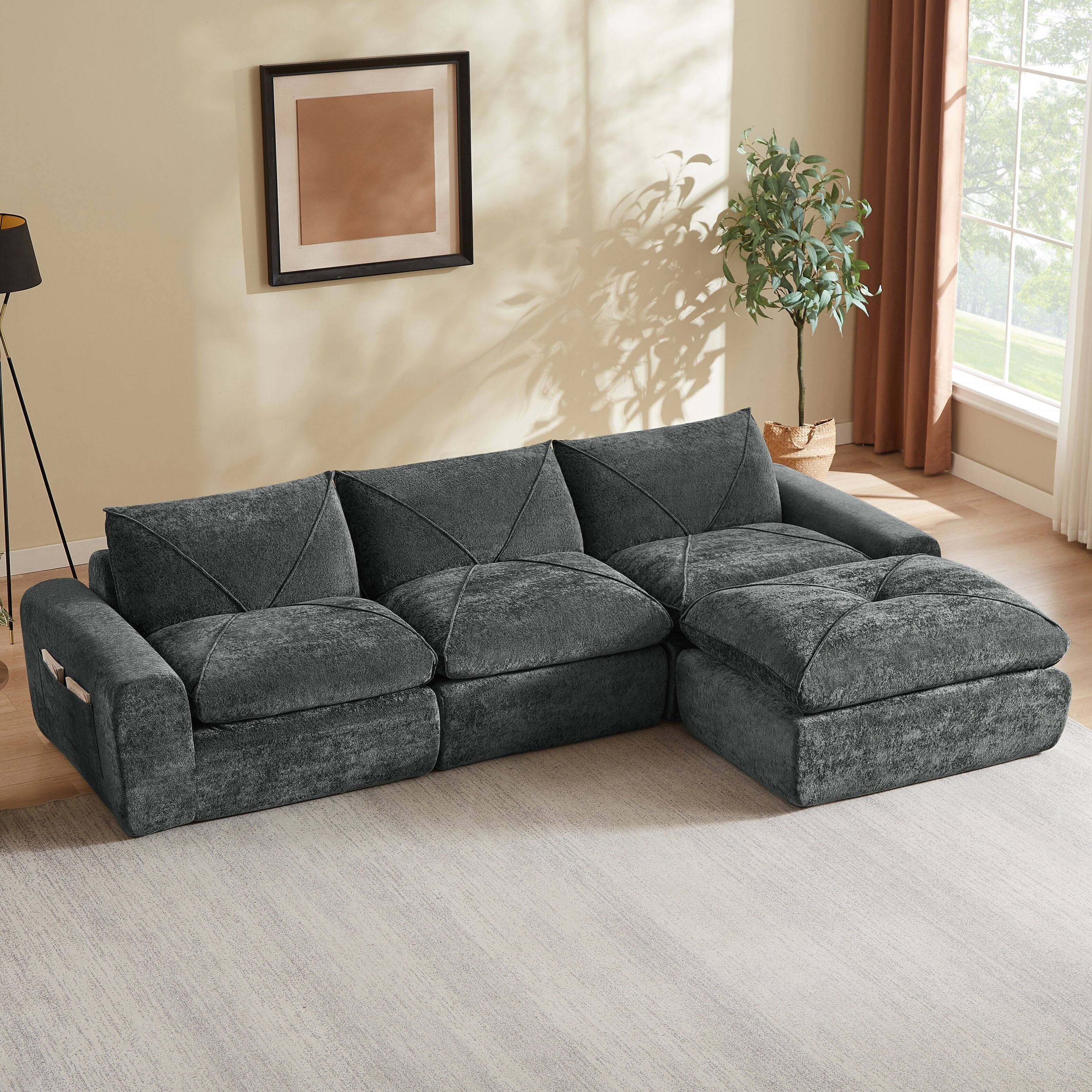 Angle. Loheer - Loheer Chenille Sectional Sofa 119 Inch Modern Minimalist Couch with Ottoman - Dark Gray.