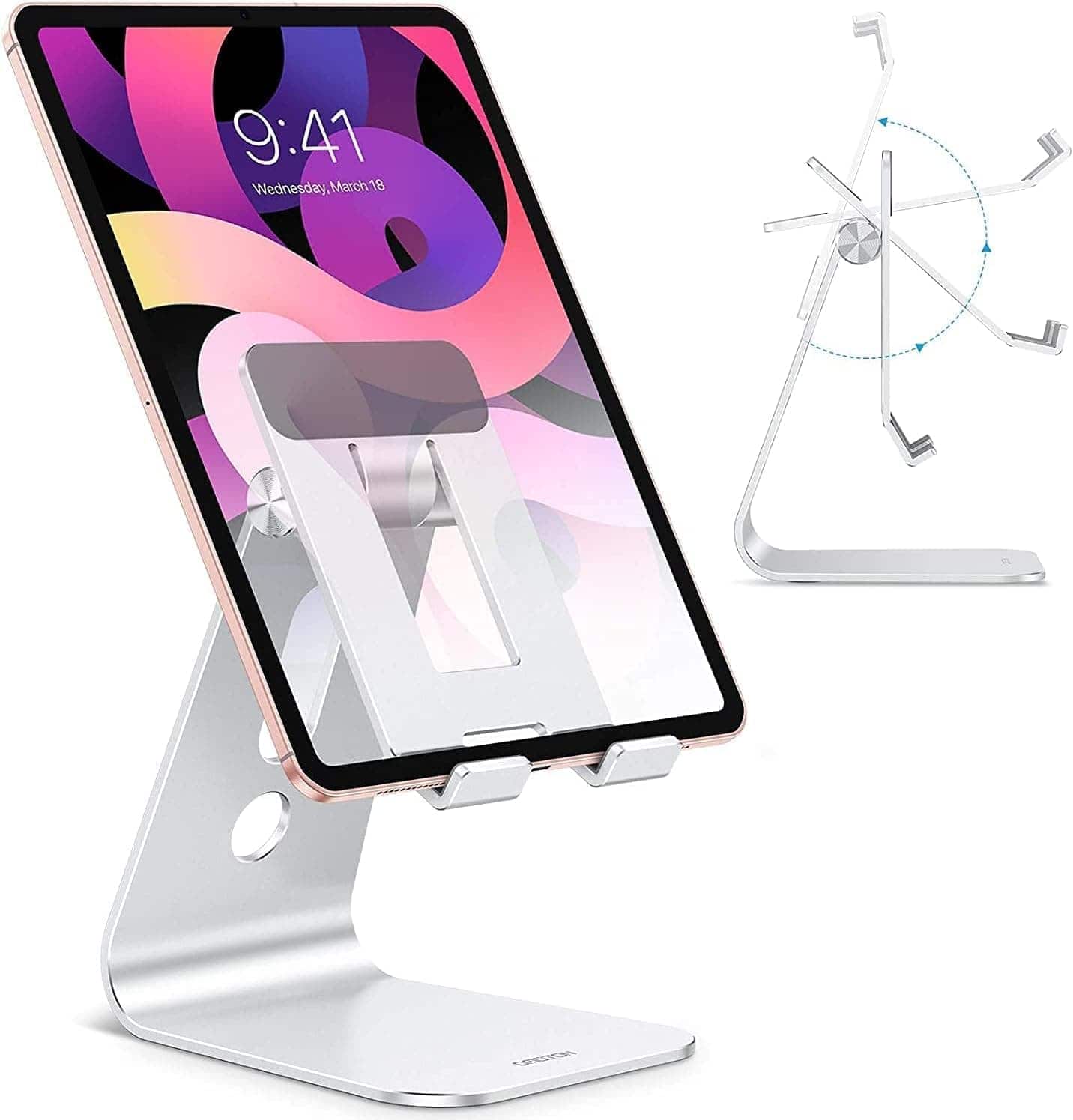 FINEAK - T2 Upgraded Tablet Stand with Longer Arms, Hollow Design Adjustable Holder for iPad Pro/Air/Mini & Phones - Silver