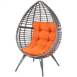 Outsunny - Patio Wicker Egg Chair w/ Soft Cushion, Teardrop Cuddle Seat, Outdoor / Indoor Patio Chair, PE Plastic Rattan Furniture - Orange