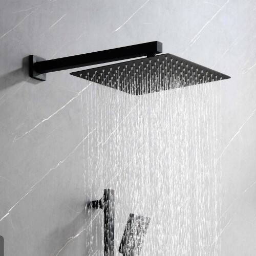 Left. JUJABU - Matte Black Shower System with Shower Head, Slide Bar, Bodysprays, Shower Arm, Hose, Valve Trim, and Lever Handles - Matte Black.