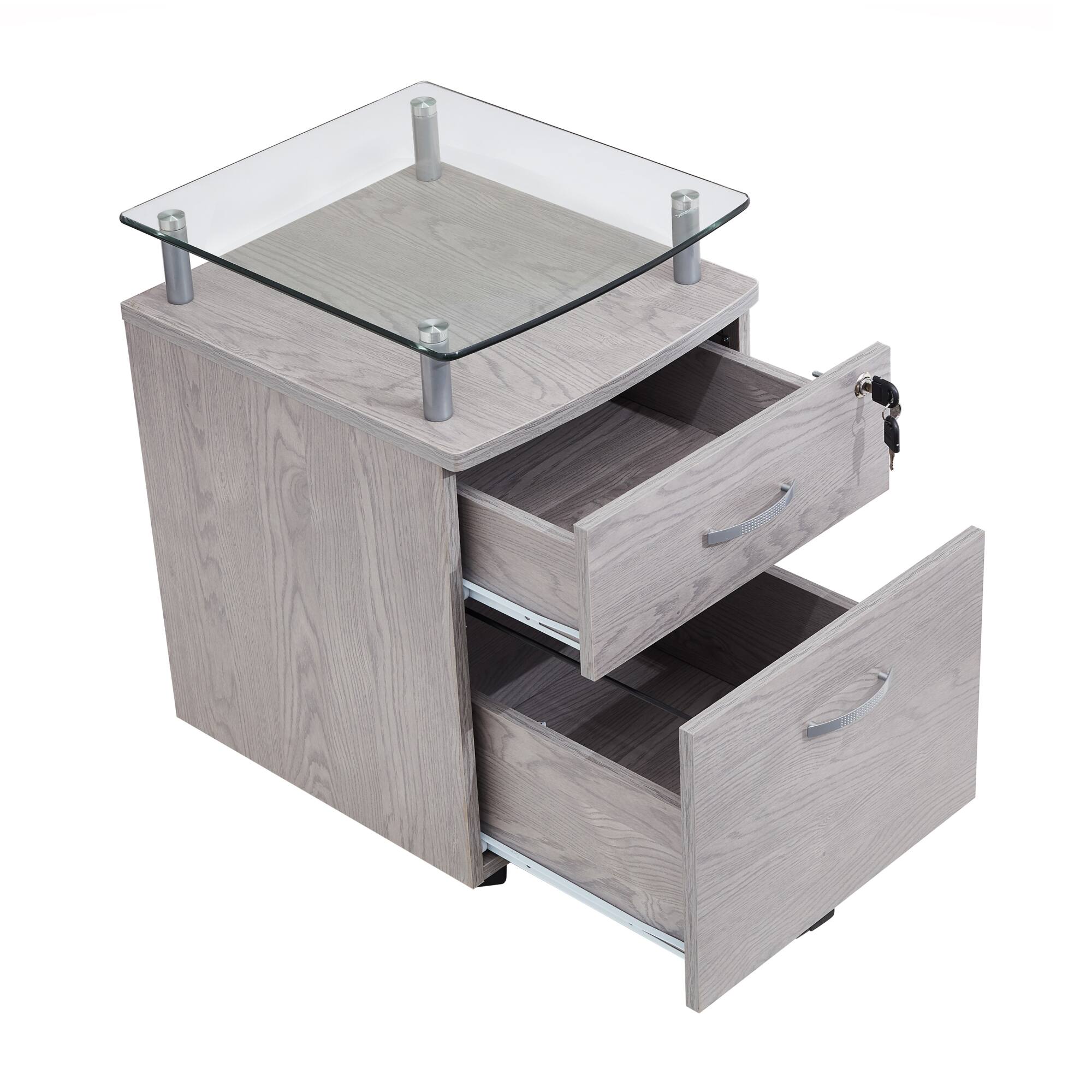 Angle. GOODSILO - Modern Rolling File Cabinet with Tempered Glass Top and Secure Locking Drawers - Gray.