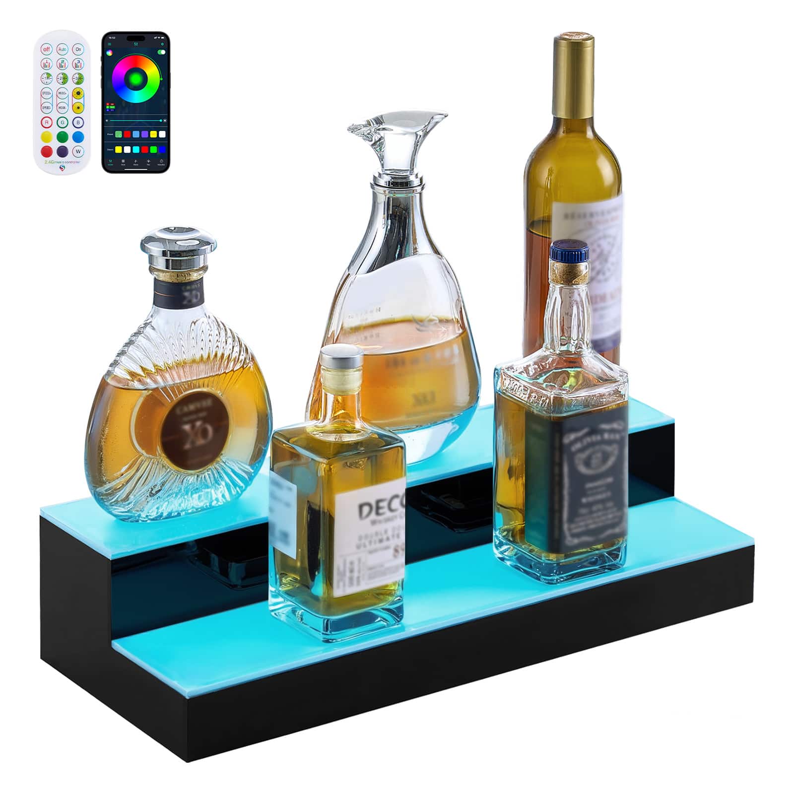 VEVOR - LED Lighted Liquor Bottle Display,2Tiers 20Inches Whiskey Rack,Supports USB,with RF Remote & App Control,9 Static Colors - Black,White