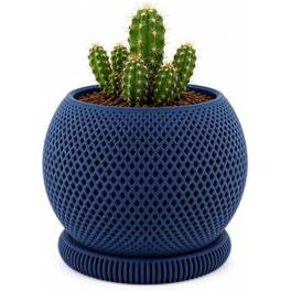 JuzToys - 3D Printed Dusk Planter with Drip Tray, Small Indoor Plant Pot w/Saucer, Modern Geometric Desk Shelf Décor by PowerTRC - Blue