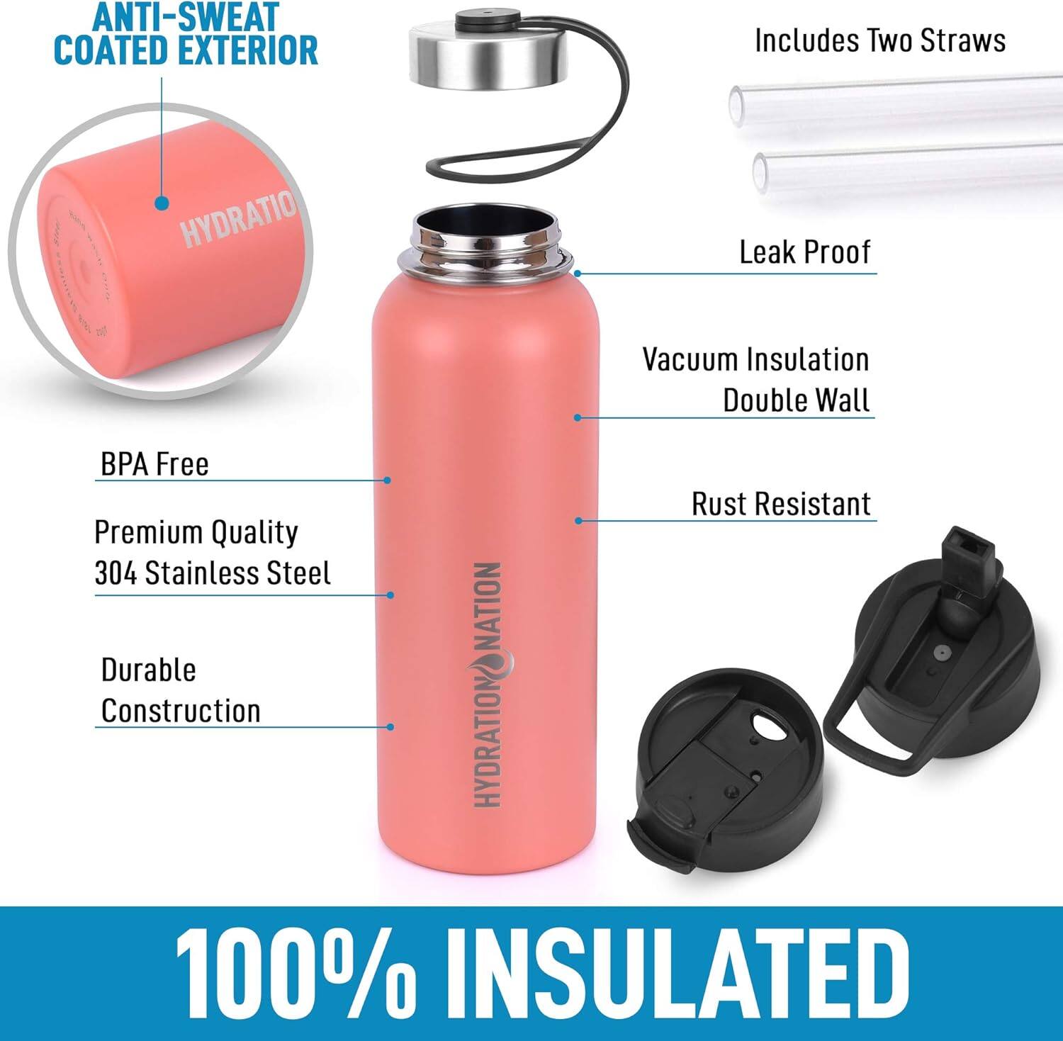 - Anti-Sweat Coated Exterior
- Includes Two Straws
- Leak Proof
- Vacuum Insulation Double Wall
- Rust Resistant
- BPA Free
- Premium Quality 304 Stainless Steel
- Durable Construction
- 100% Insulated