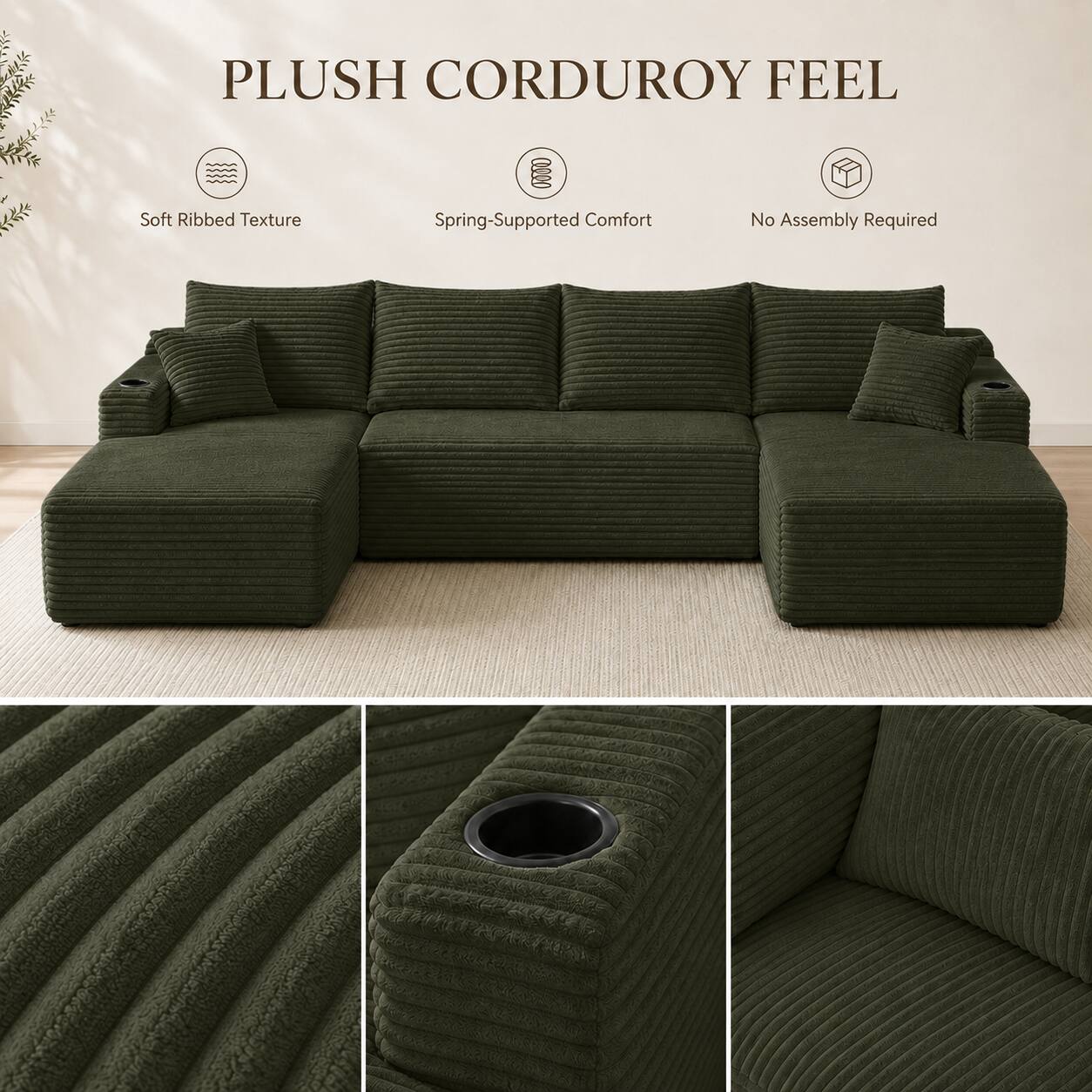 PLUSH CORDUROY FEEL

Soft Ribbed Texture
Spring-Supported Comfort
No Assembly Required