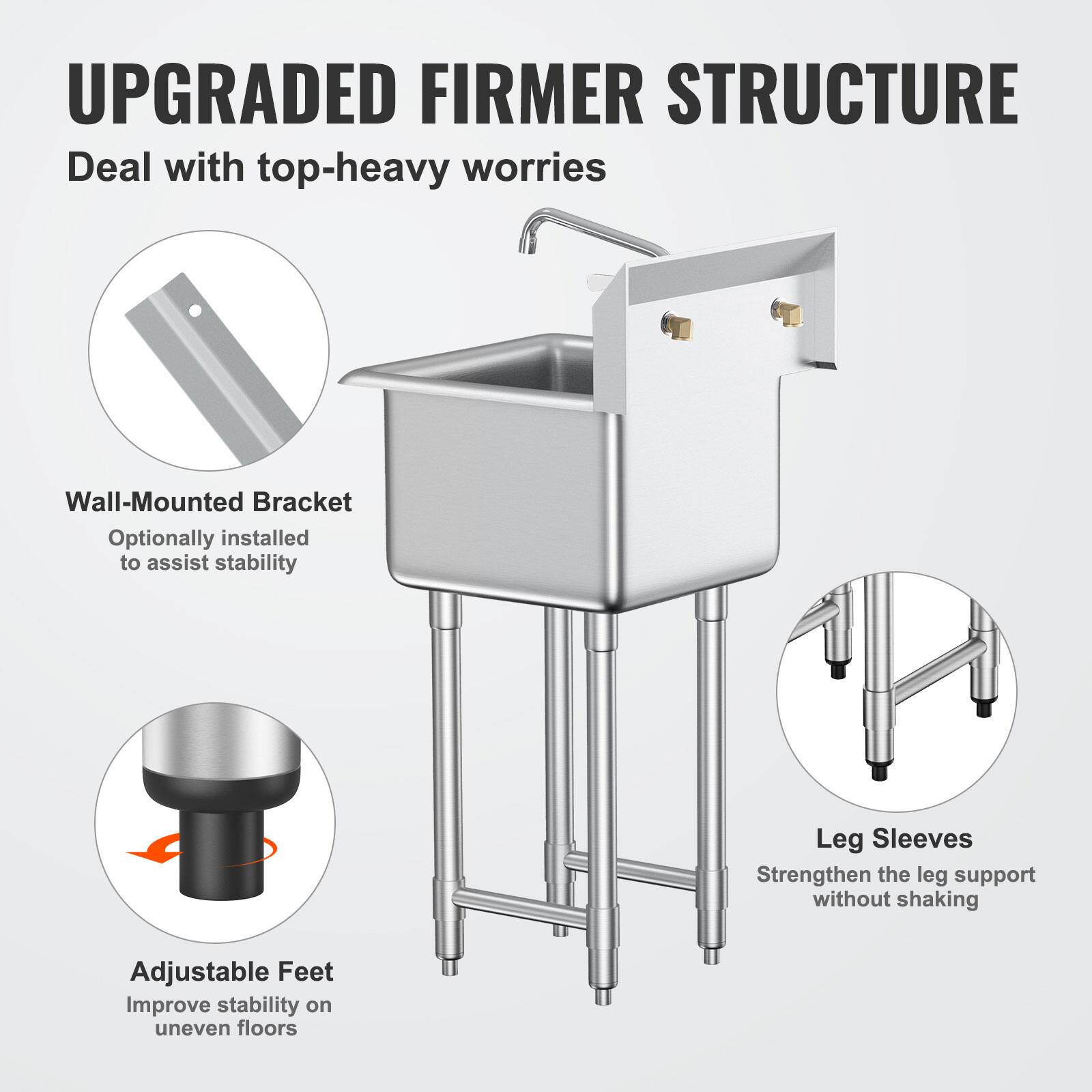 UPGRADED FIRMER STRUCTURE  
Deal with top-heavy worries  

- Wall-Mounted Bracket  
  Optionally installed to assist stability  

- Leg Sleeves  
  Strengthen the leg support without shaking  

- Adjustable Feet  
  Improve stability on uneven floors