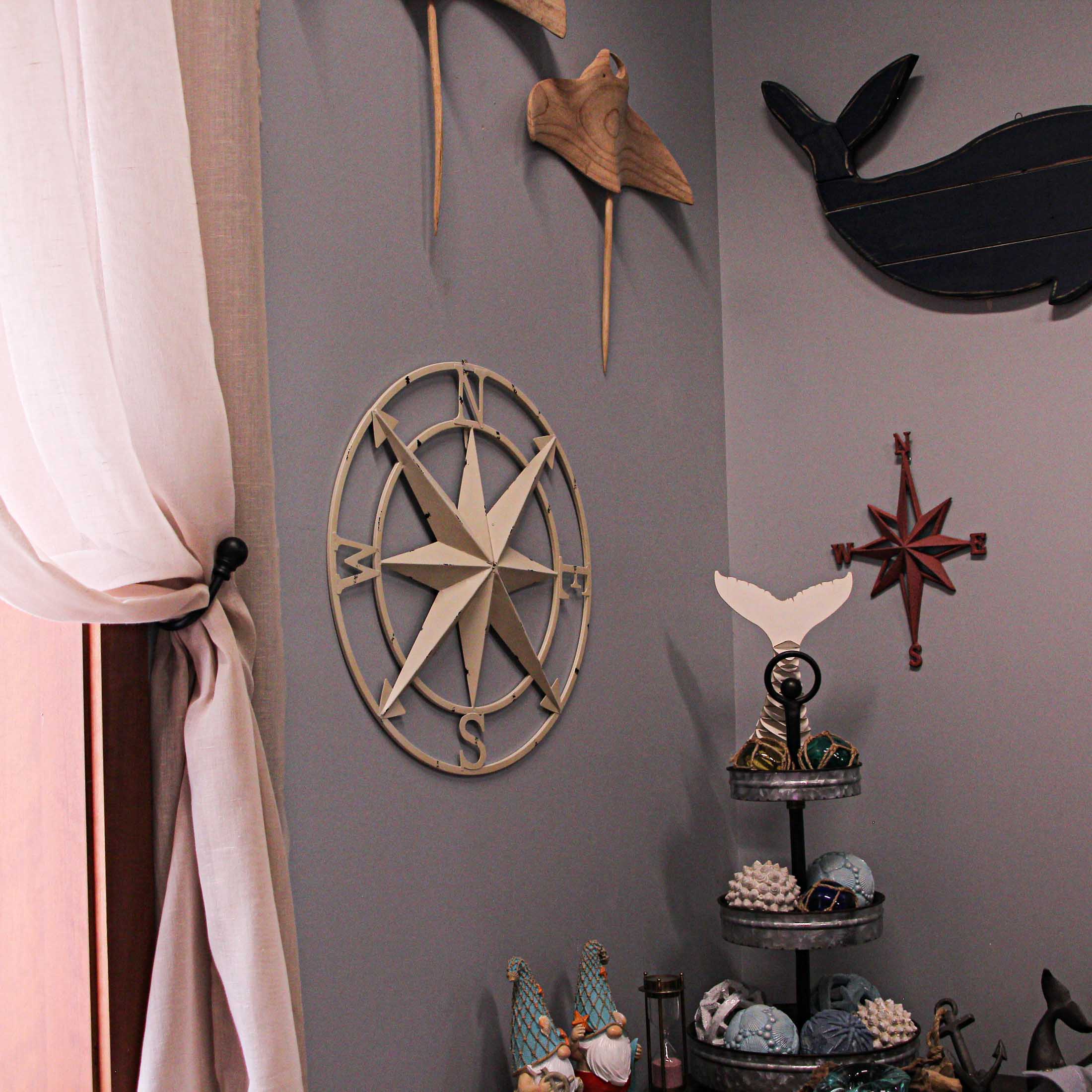 Alt View 4. Zeckos - Antiqued White Indoor Outdoor Metal Compass Rose Wall Sculpture 20.5 Inch - White.