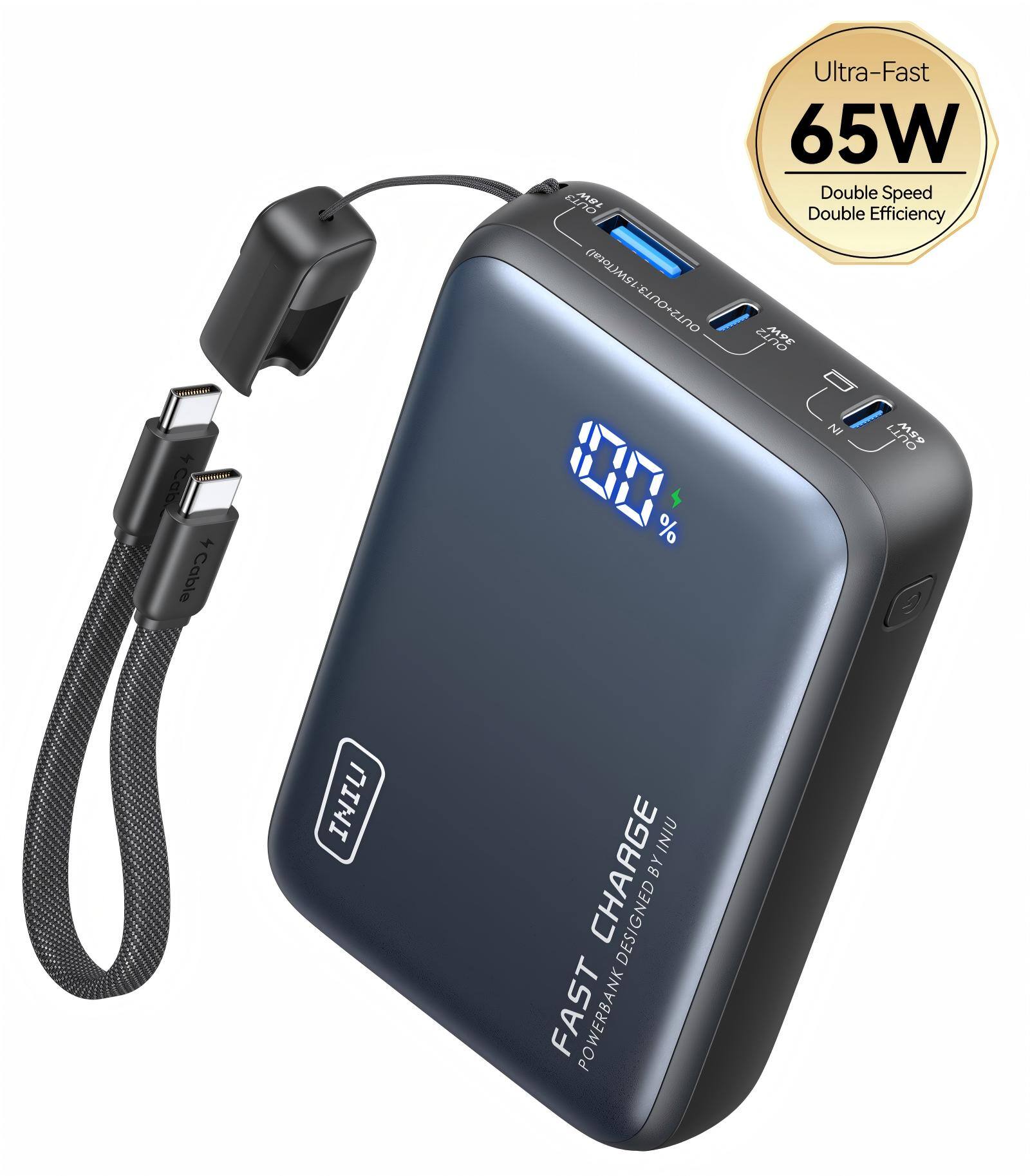 +Cab. 4Cable INIU Ultra-Fast 65W MRL Double Speed CI NC Double Efficiency 5W(Total) OUT2+OUT3-15W[Total) Eno+Zino OUT3: OUTZ C E T0 NI MS9 0 % 4 INIU CHARGE BY DESIGNED FAST POWERBANK