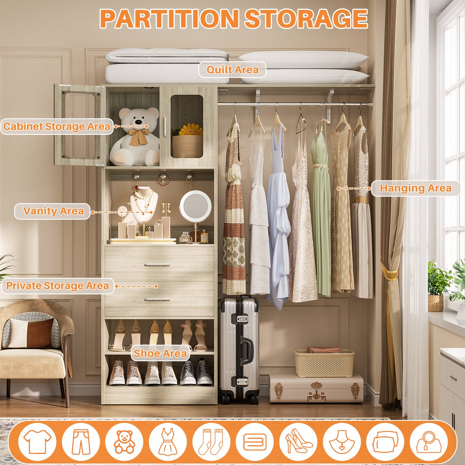 PARTITION STORAGE

- Quilt Area
- Cabinet Storage Area
- Vanity Area
- Hanging Area
- Private Storage Area
- Shoe Area