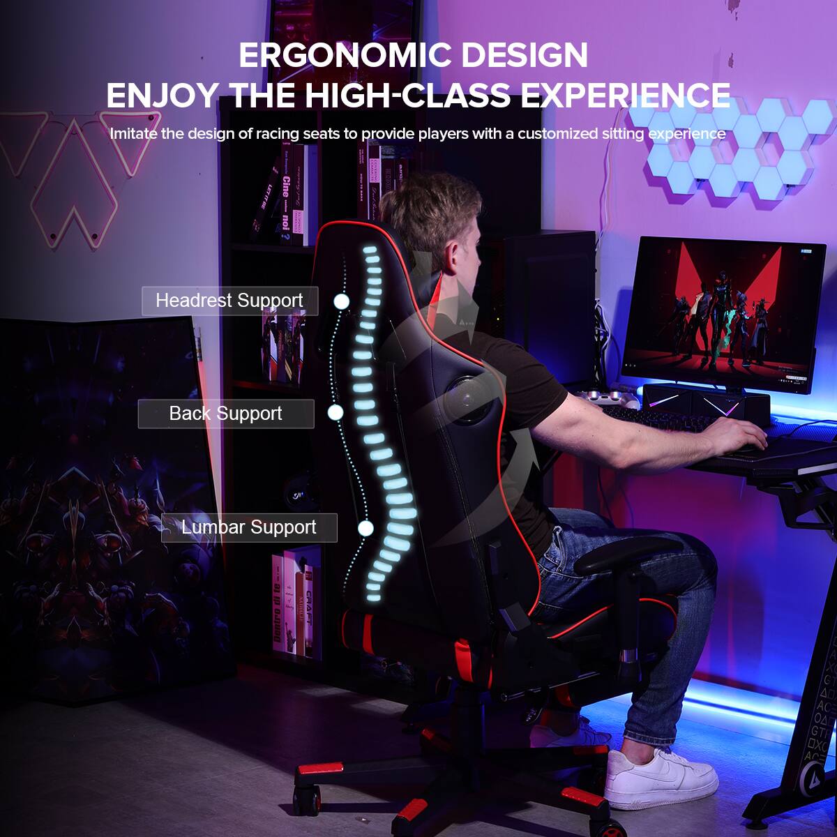 ERGONOMIC DESIGN  
ENJOY THE HIGH-CLASS EXPERIENCE  
Imitate the design of racing seats to provide players with a customized sitting experience

- Headrest Support
- Back Support
- Lumbar Support

Cine  
HEDRITY  
CRAFT  
L A XI GT , ACE GTR DXC