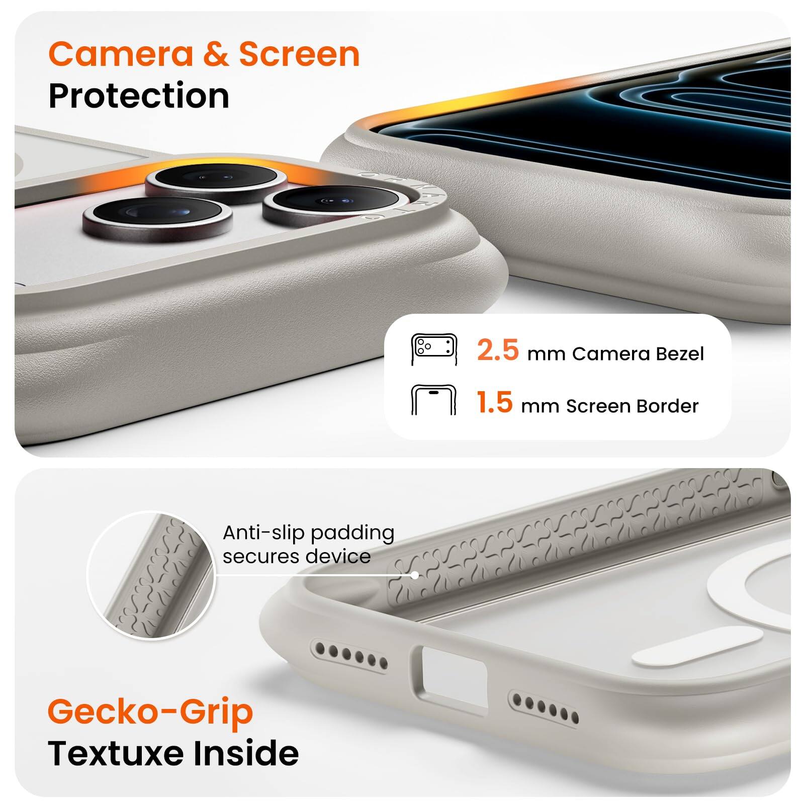 Camera & Screen Protection  
2.5 mm Camera Bezel  
1.5 mm Screen Border  
Anti-slip padding secures device  
Gecko-Grip Textuxe Inside