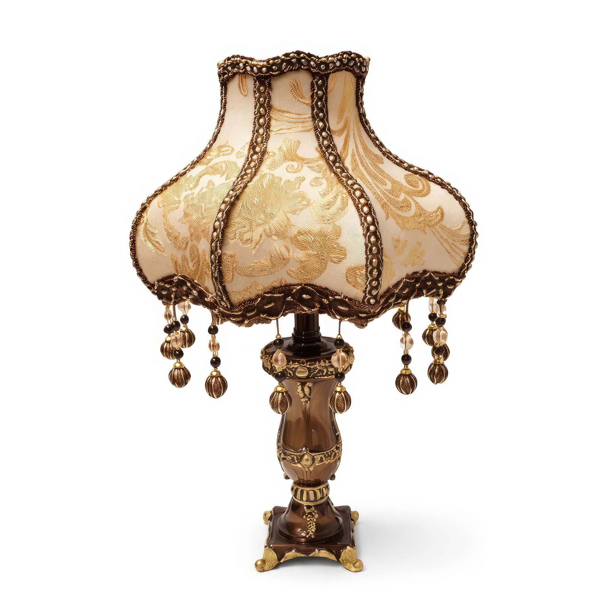 Angle. FC Design - 24"H Dark Brown Ornate Vase w/ Cream Floral Palace Beaded Shade Table Lamp.