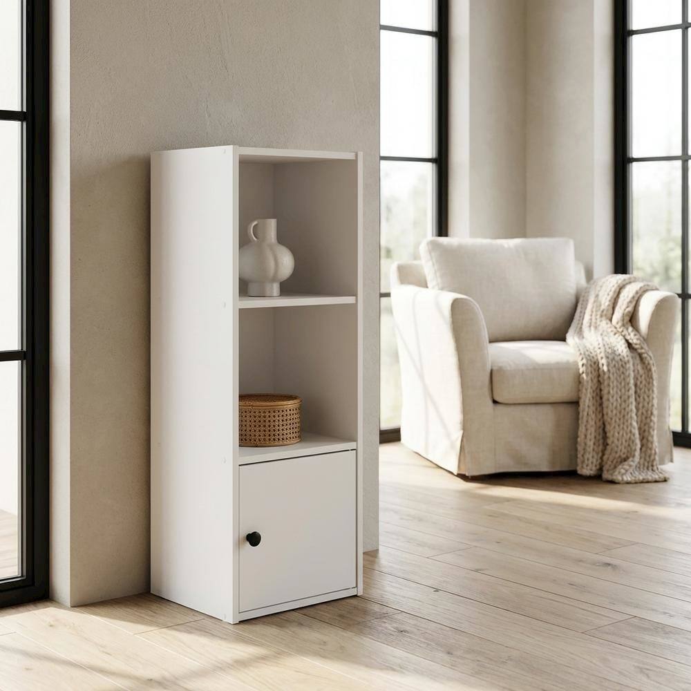 Left. FurniFact - White 3-Tier Bookcase with Lockable Storage Door and Open Shelves - White.