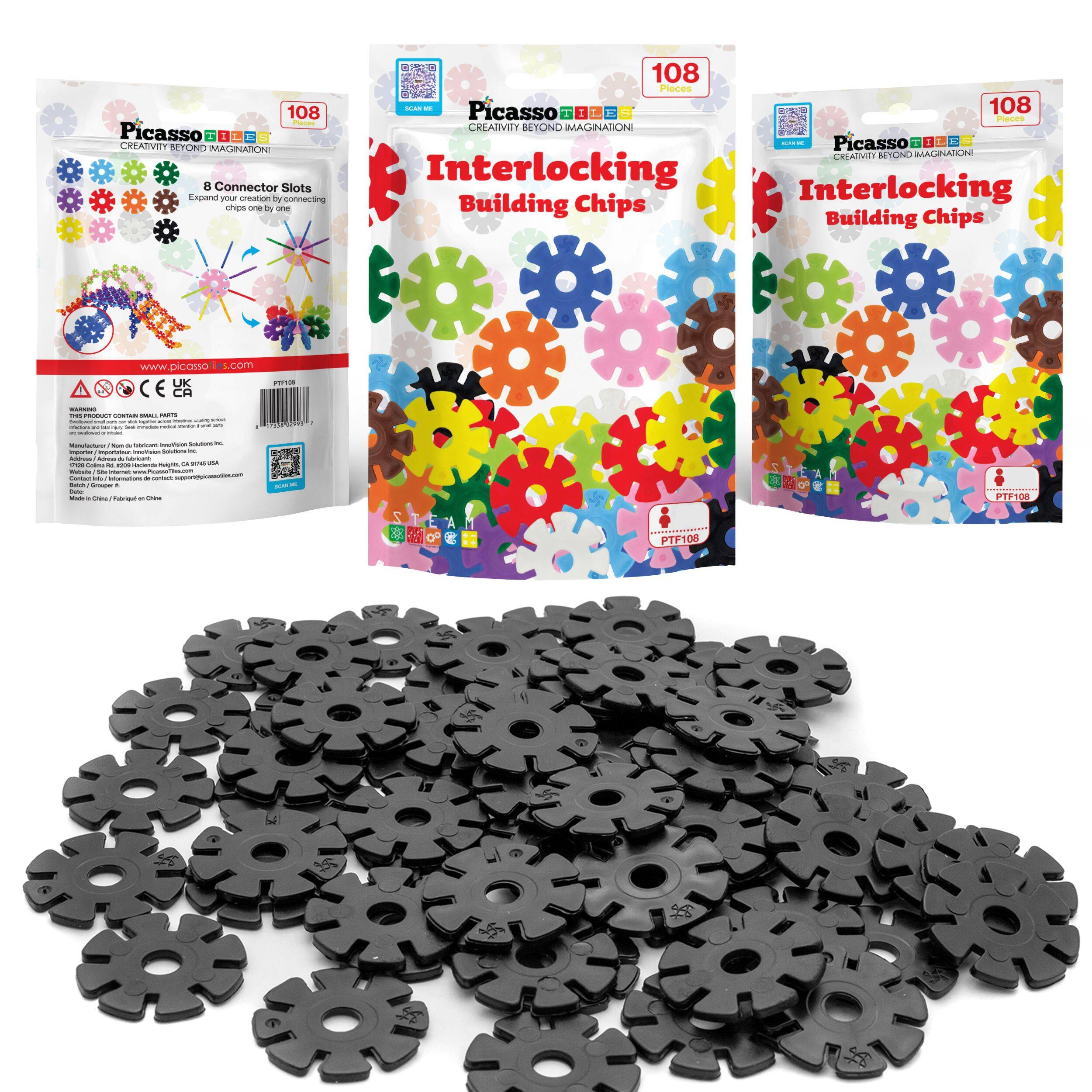 108 | Picasso: Creativity Beyond Imagination  
8 Connector Slots  
Expand your creativity by connecting chips one by one  

Picasso: Creativity Beyond Imagination  
Interlocking Building Chips  

www.picasso10.com  

CE UK  

PTF108  

108 Pieces  

Interlocking Building Chips  

Picasso: Creativity Beyond Imagination  

PTF108