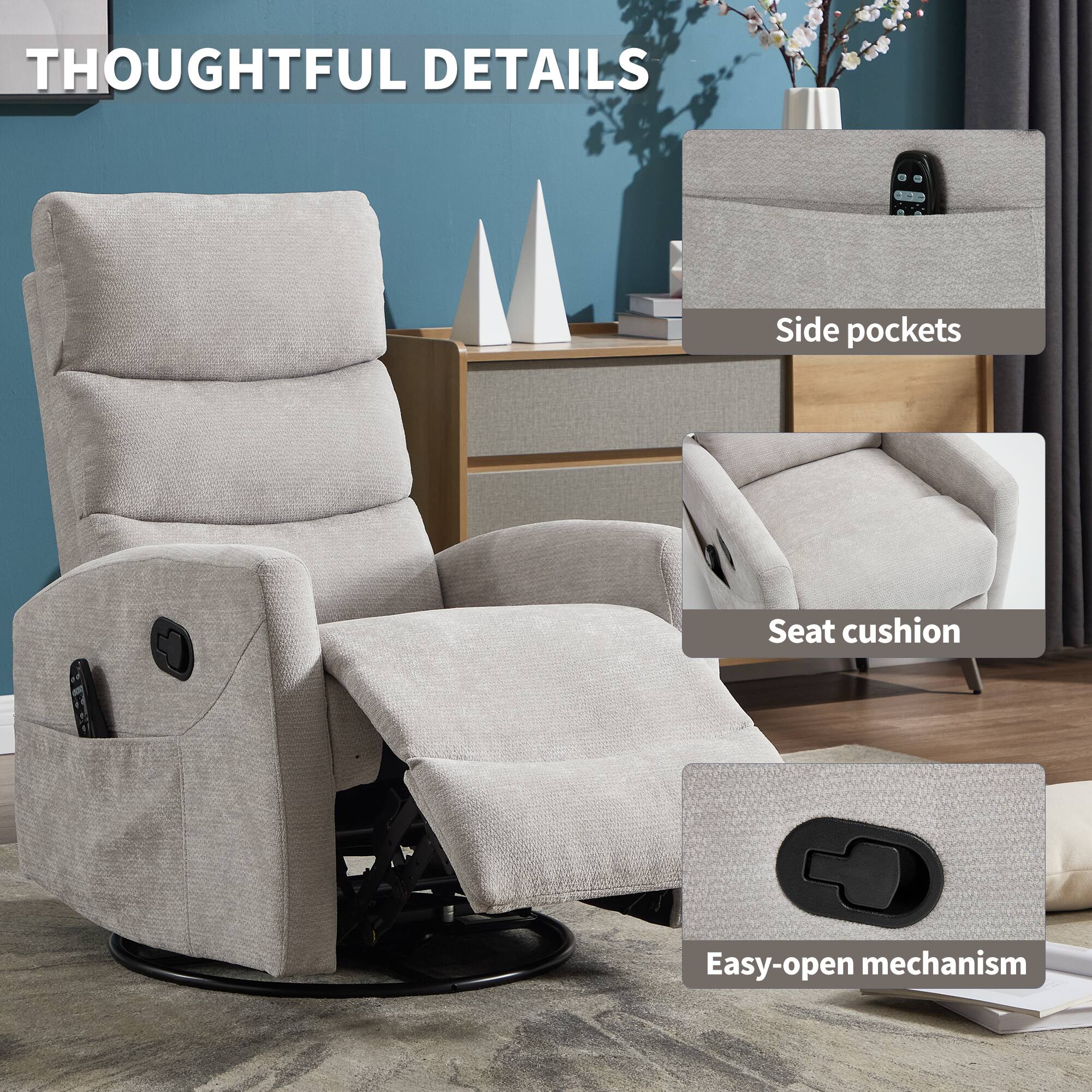 THOUGHTFUL DETAILS

Side pockets

Seat cushion

Easy-open mechanism