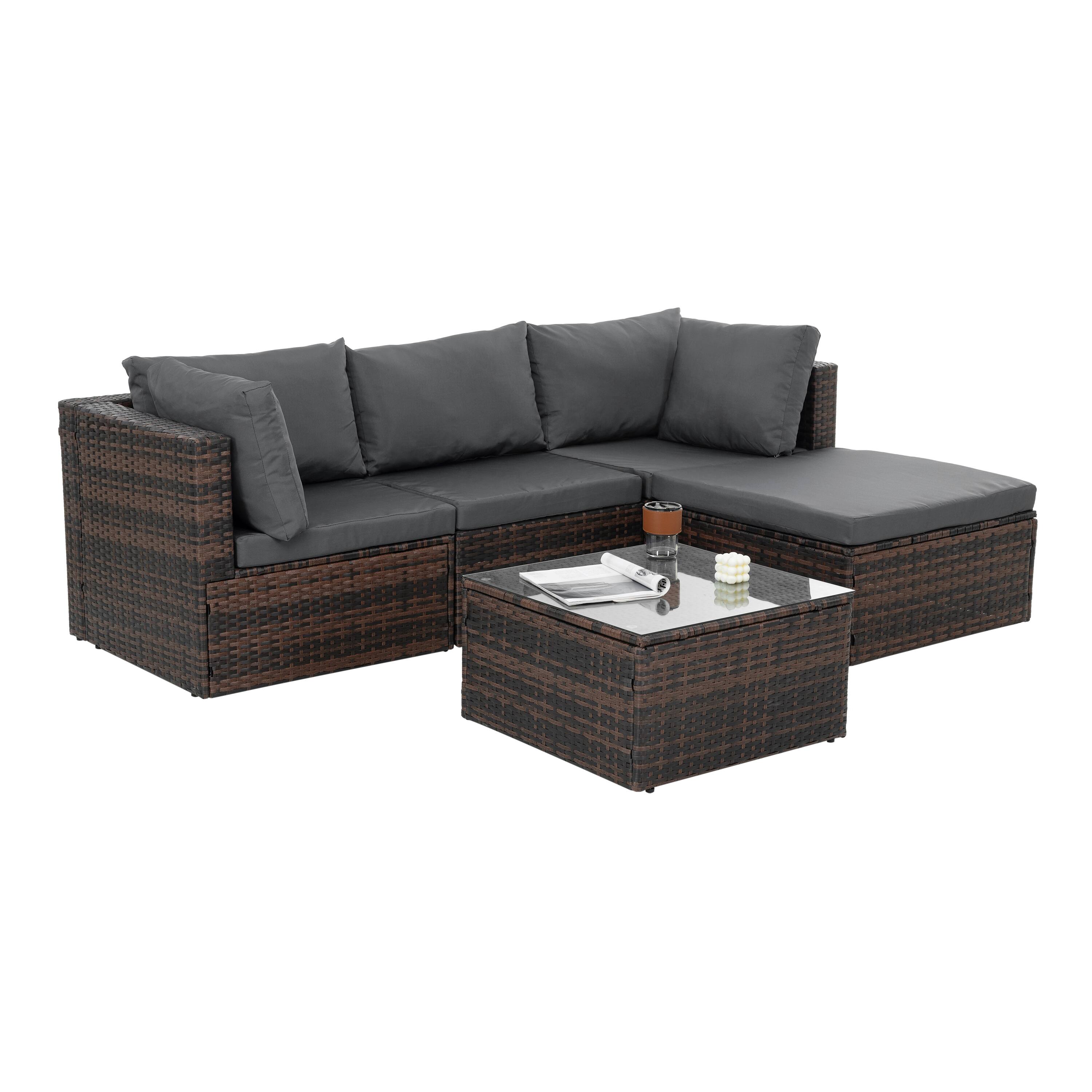 Alt View 1. APRILSOUL - Patio Furniture Outdoor Furniture Seasonal PE Wicker Furniture 5 Set Wicker Furniture With Tempered Glass Coffee Table - Brown.
