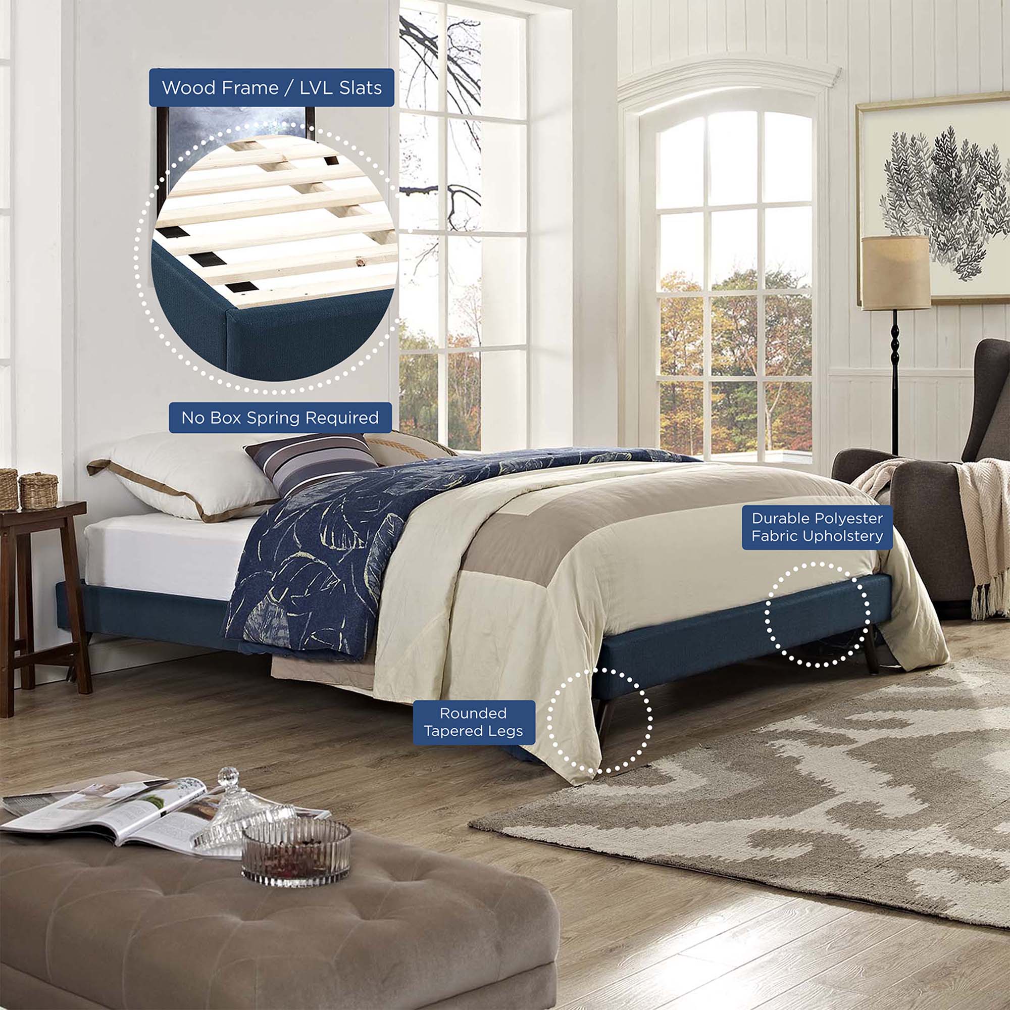 - Wood Frame / LVL Slats
- No Box Spring Required
- Durable Polyester Fabric Upholstery
- Rounded Tapered Legs