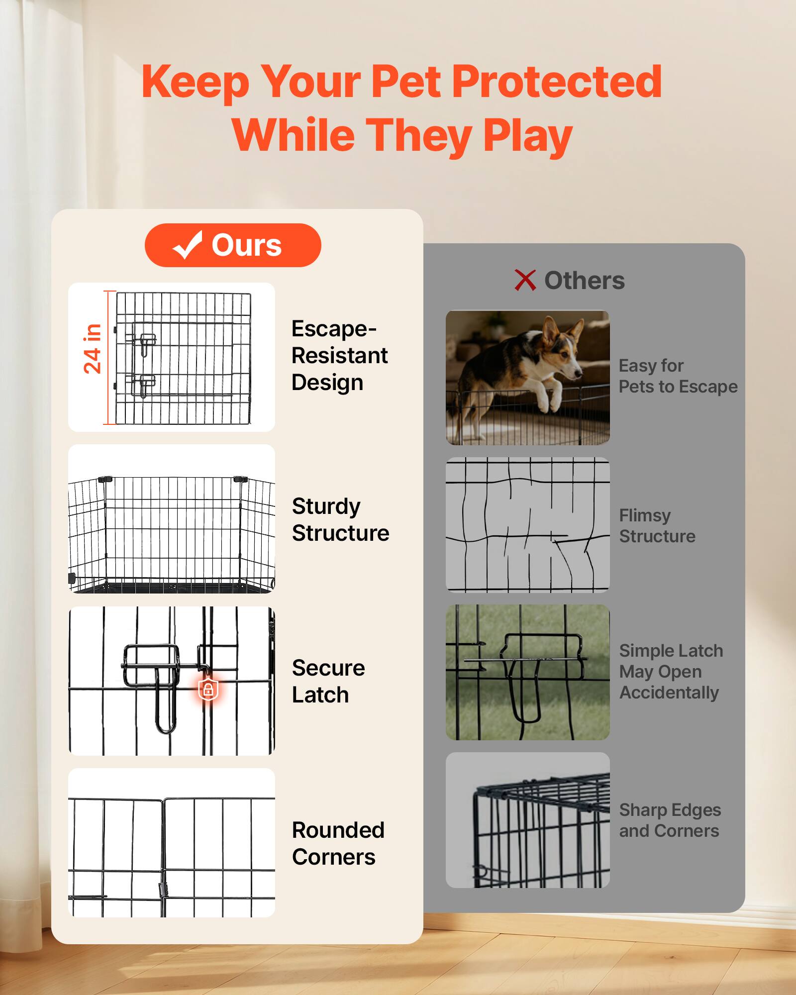 Keep Your Pet Protected While They Play

Ours:
- 24 in Escape-Resistant Design
- Sturdy Structure
- Secure Latch
- Rounded Corners

Others:
- Easy for Pets to Escape
- Flimsy Structure
- Simple Latch May Open Accidentally
- Sharp Edges and Corners