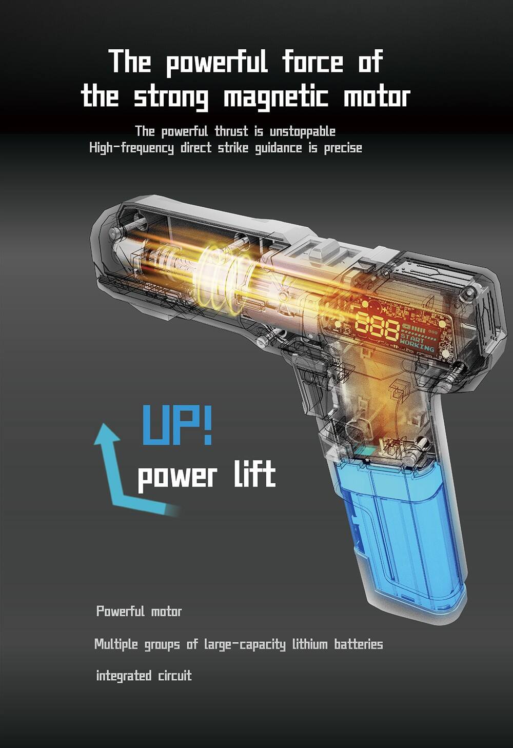 The powerful force of the strong magnetic motor  
The powerful thrust is unstoppable  
High-frequency direct strike guidance is precise  

888 START ........... am 000 WORKING  

UP! power lift  

Powerful motor  
Multiple groups of large-capacity lithium batteries  
integrated circuit