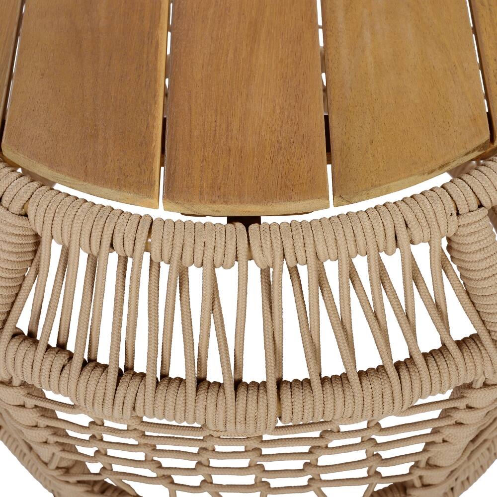 Alt View 4. Loheer - Loheer Round Acacia Wood Side Table Woven Rope Outdoor Accent Table Teak Finish - Light Beige.