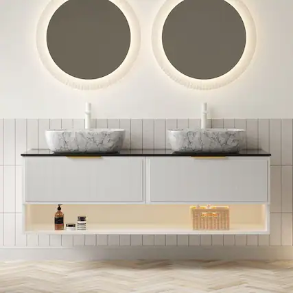Front. Boyel Living - 60 Bathroom Vanity with 2 Marble Pattern Ceramic Vessel Basins Black Sintered Stone Top White - Black,Stone Gray,White.