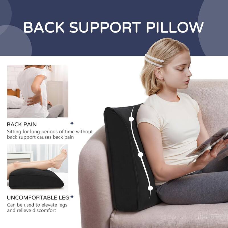 **Back Support Pillow**

**Back Pain**
Sitting for long periods of time without back support causes back pain.

**Uncomfortable Leg**
Can be used to elevate legs and relieve discomfort.