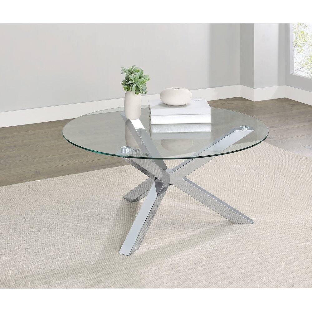 Angle. Coaster Co. of America - Kenzie Round Tempered Glass Top Cocktail Coffee Table Chrome - Chrome.