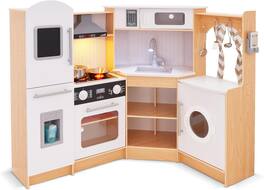 Lil' Jumbl - Corner Kids Kitchen Playset, Pretend Kids Wooden Kitchen with Stovetop, Faucet & More - Natural
