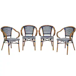 Emma + Oliver - 4 Pack Stacking Bistro Chair with Metal Frame & PE Seat - Navy & White/Natural Frame