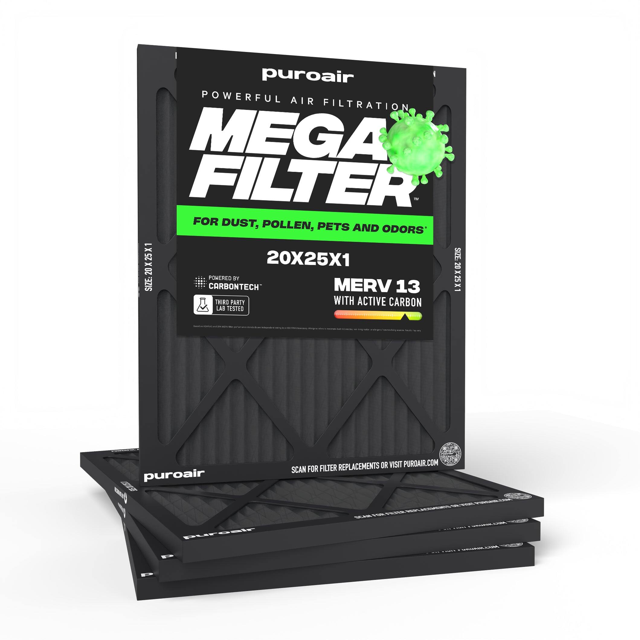 puroair POWERFUL AIR FILTRATION MEGA FILTER FOR DUST, POLLEN, PETS AND ODORS' X1 SIZE: 20X25X1 20X25X1 20 20 POWERED BY CARBONTECH MERV 13 X1 THIRD PARTY WITH ACTIVE CARBON LAB TESTED

cologinal

puroair REPLACEMENTS OR VISIT PUROAIR.COM SCAN FOR FILTER

puroair P OR WIDNE PURISAIR REFT ACEMENTS FOR FILTER SCAN MUJRINAWAY MUJ.HIAURU