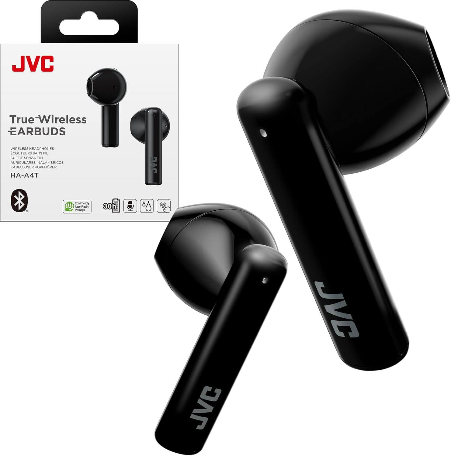 JVC True Wireless Earbuds  
Wireless Headphones  
Écouteurs Sans Fil  
Auriculares Inalámbricos  
Kabellose Kopfhörer  
HA-A4T  

30h  
Eco-Friendly Packaging