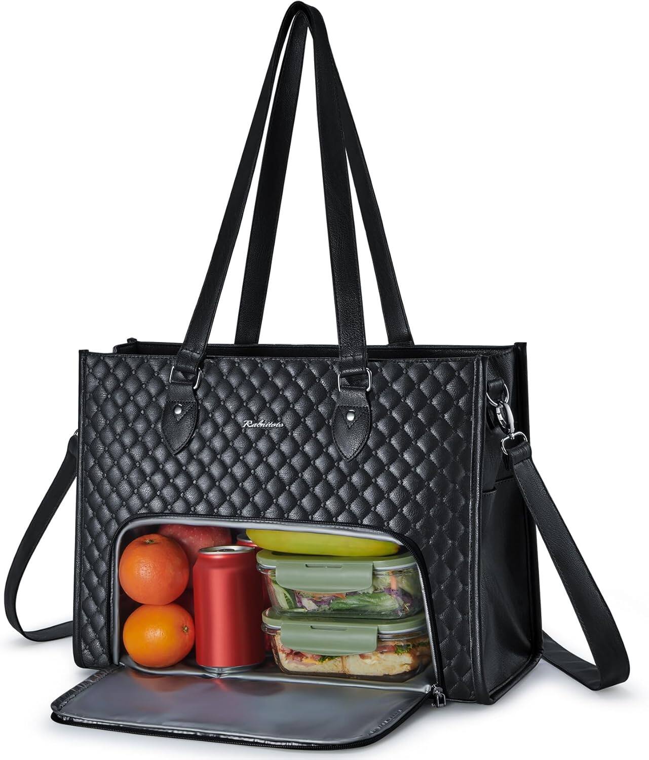 Front. Vulpecula Spade - Laptop Tote Bag with Insulated Lunch Compartment for Women, PU Leather 15.6 Inch Work Bag - 01. Classic Black.