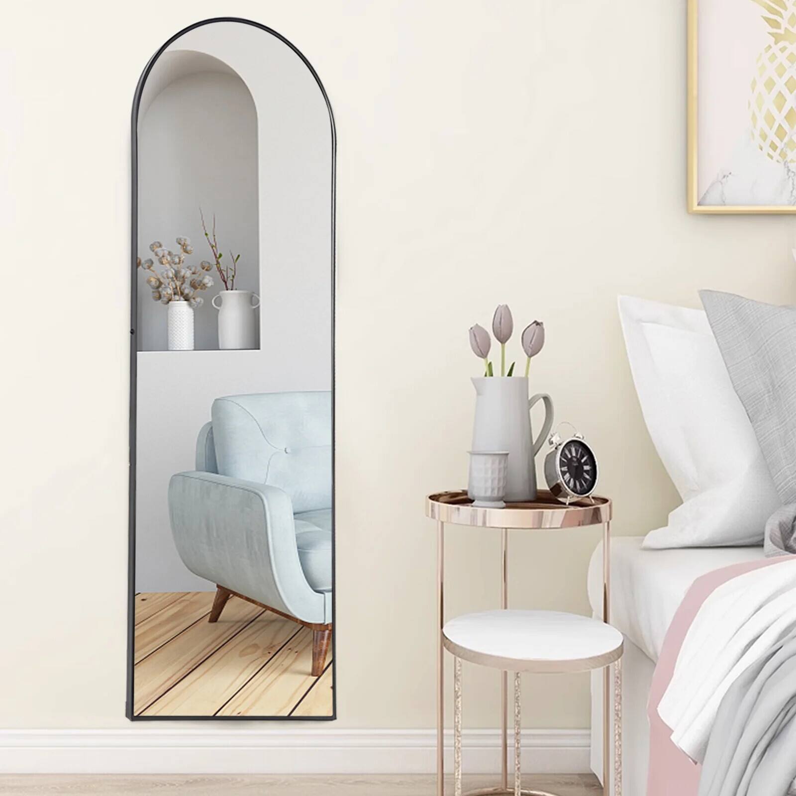 Alt View 3. SKONYON - 65"x22" Arched Full Length Mirror, Floor Mirror with Stand, Full Body Mirror, Arched Wall Mirror with Wood Frame - Black.