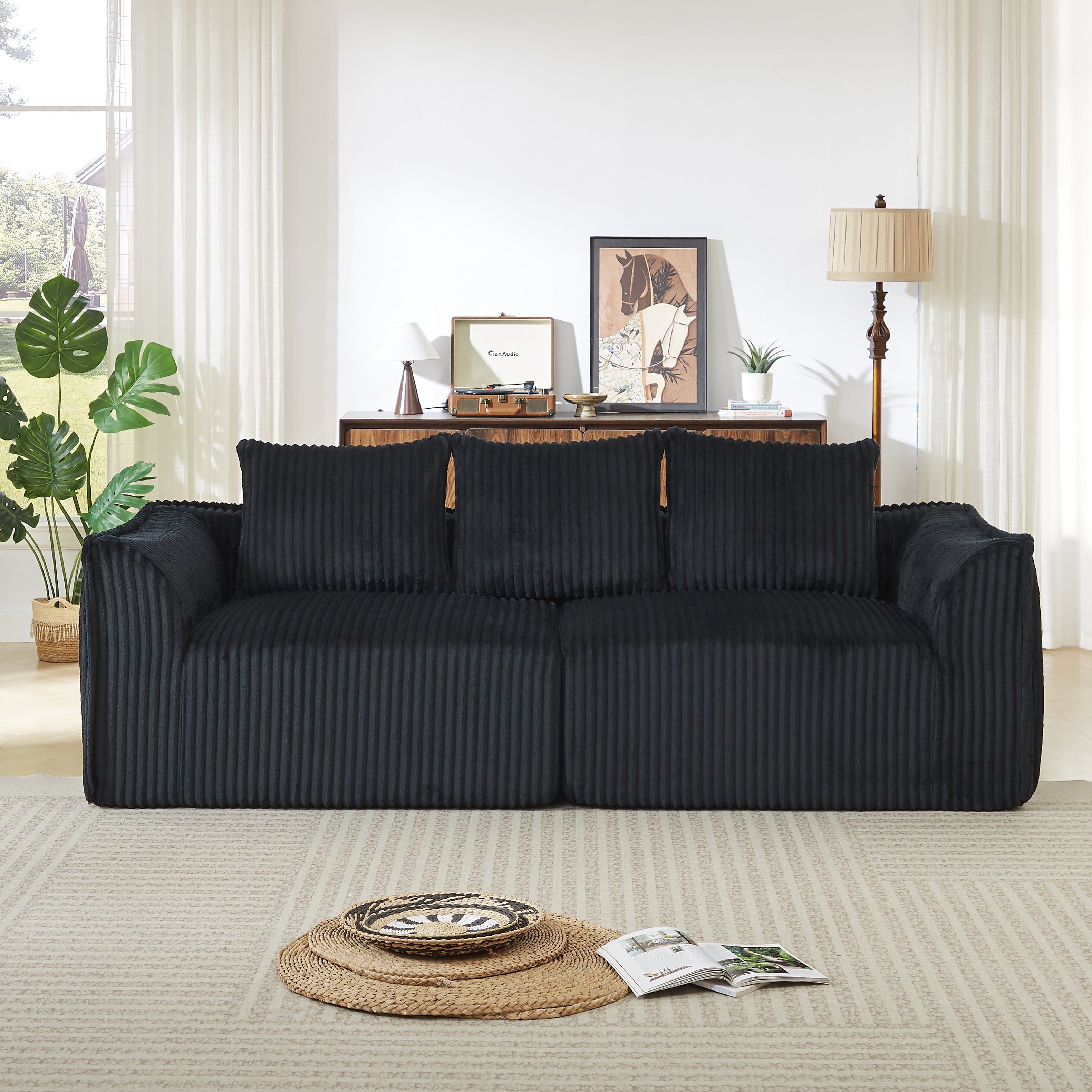 Anysun - 3-Seater Minimalist Corduroy Sofa with Curved Lines & Horn-Shaped Throw Pillows – Ergonomic Modular Cloud Sofa - Black price history on PriceWatchPro