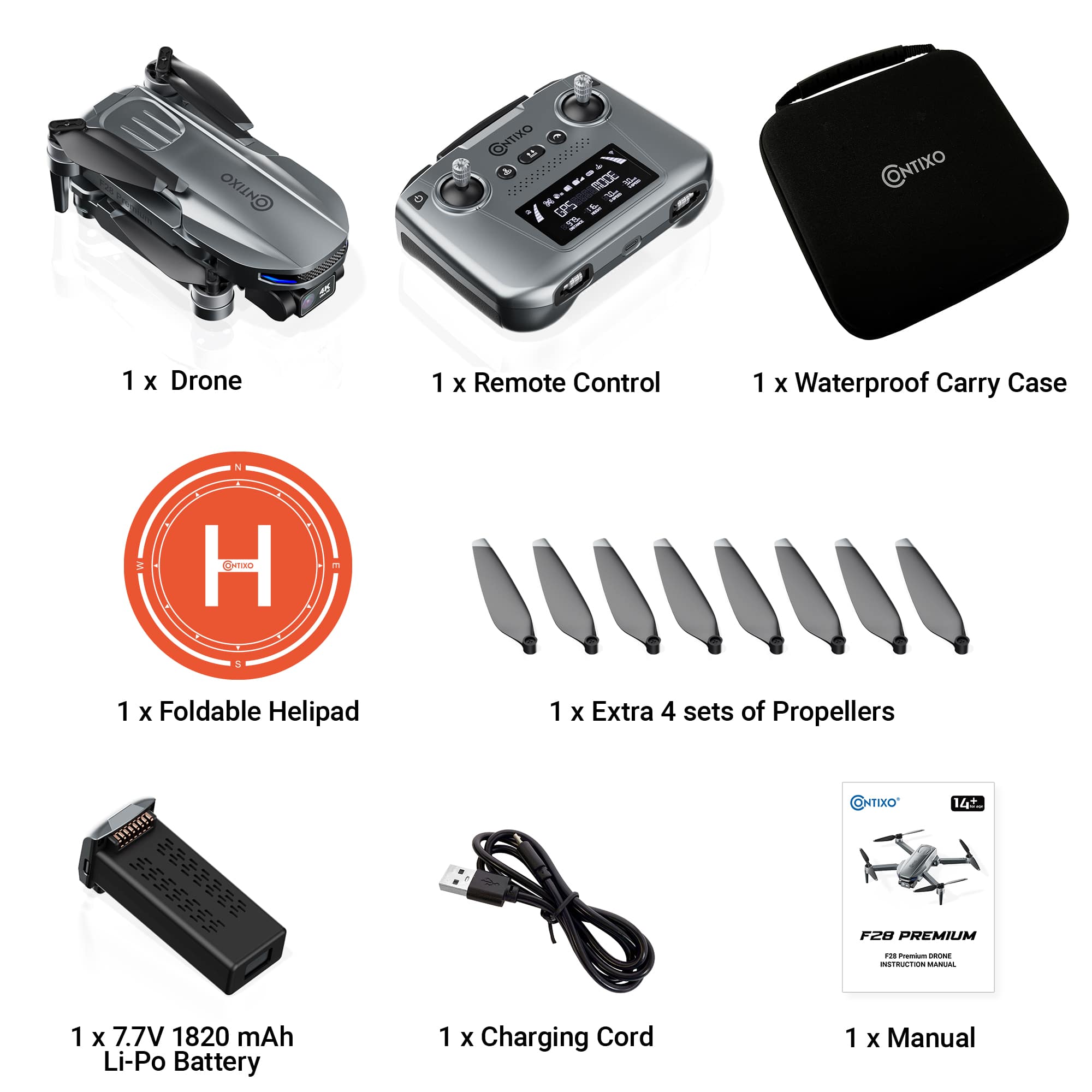 CNTIXO - 1 x Drone, 1 x Remote Control, 1 x Waterproof Carry Case, 1 x Foldable Helipad, 1 x Extra 4 sets of Propellers, 1 x 7.7V 1820 mAh Li-Po Battery, 1 x Charging Cord, 1 x Manual.