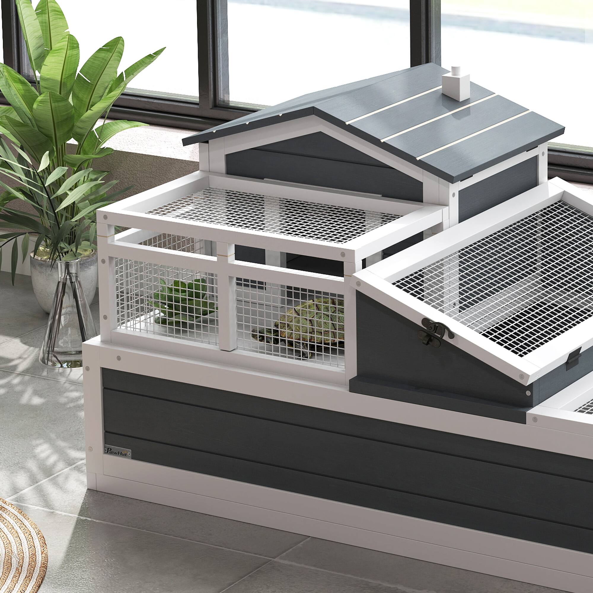 Alt View 5. Pawhut - 3-Room Tortoise House Habitat with Balcony, 2 Stories, Wooden Enclosure, Ladder, Tray, Openable Roof.