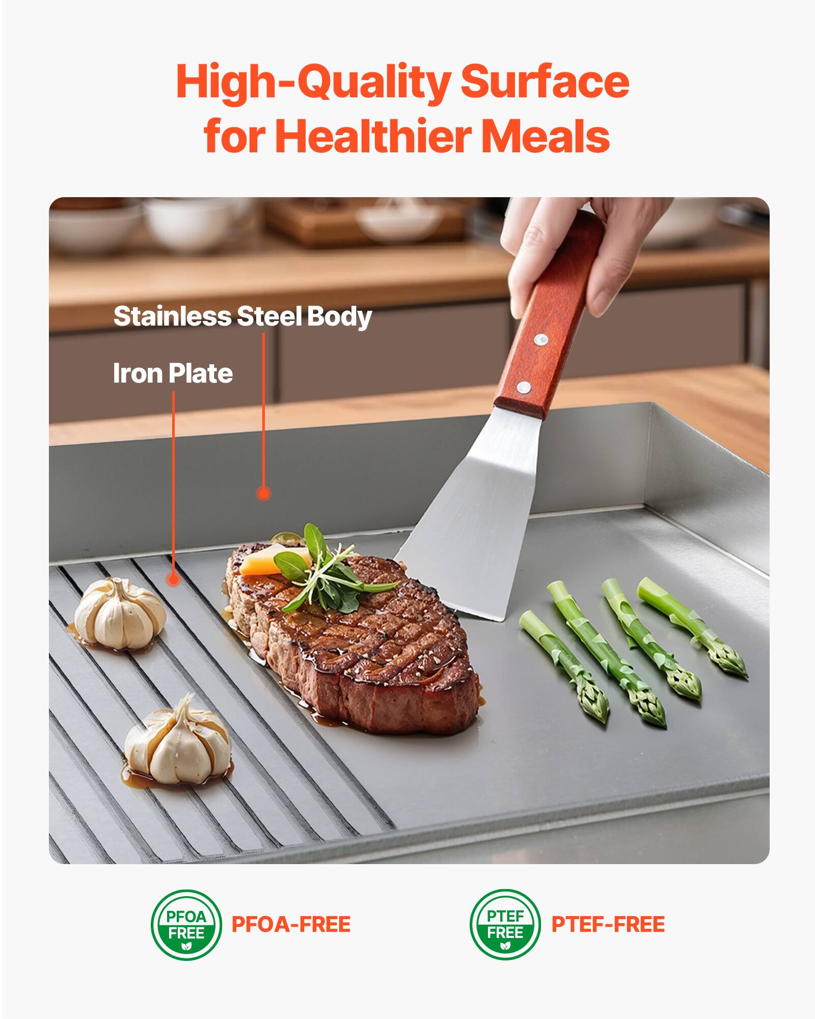 High-Quality Surface for Healthier Meals  
Stainless Steel Body  
Iron Plate  
PFOA-FREE  
PTEF-FREE