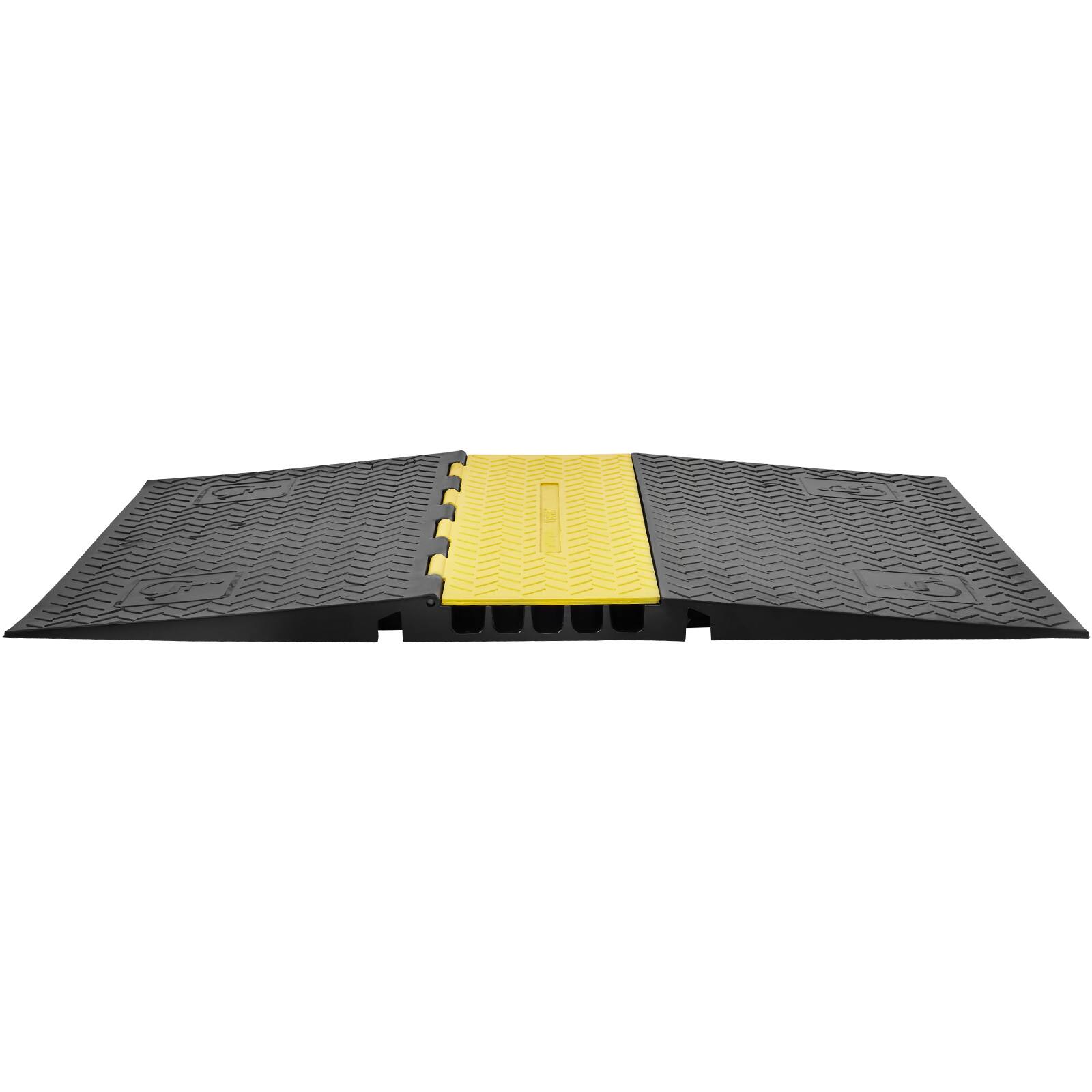 Alt View 5. VEVOR - Rubber Cable Guard, 5-Channel, 22000 lbs per Axle Load Capacity, Durable Cord Protection Ramp with Hinged Lid - Black and yellow.