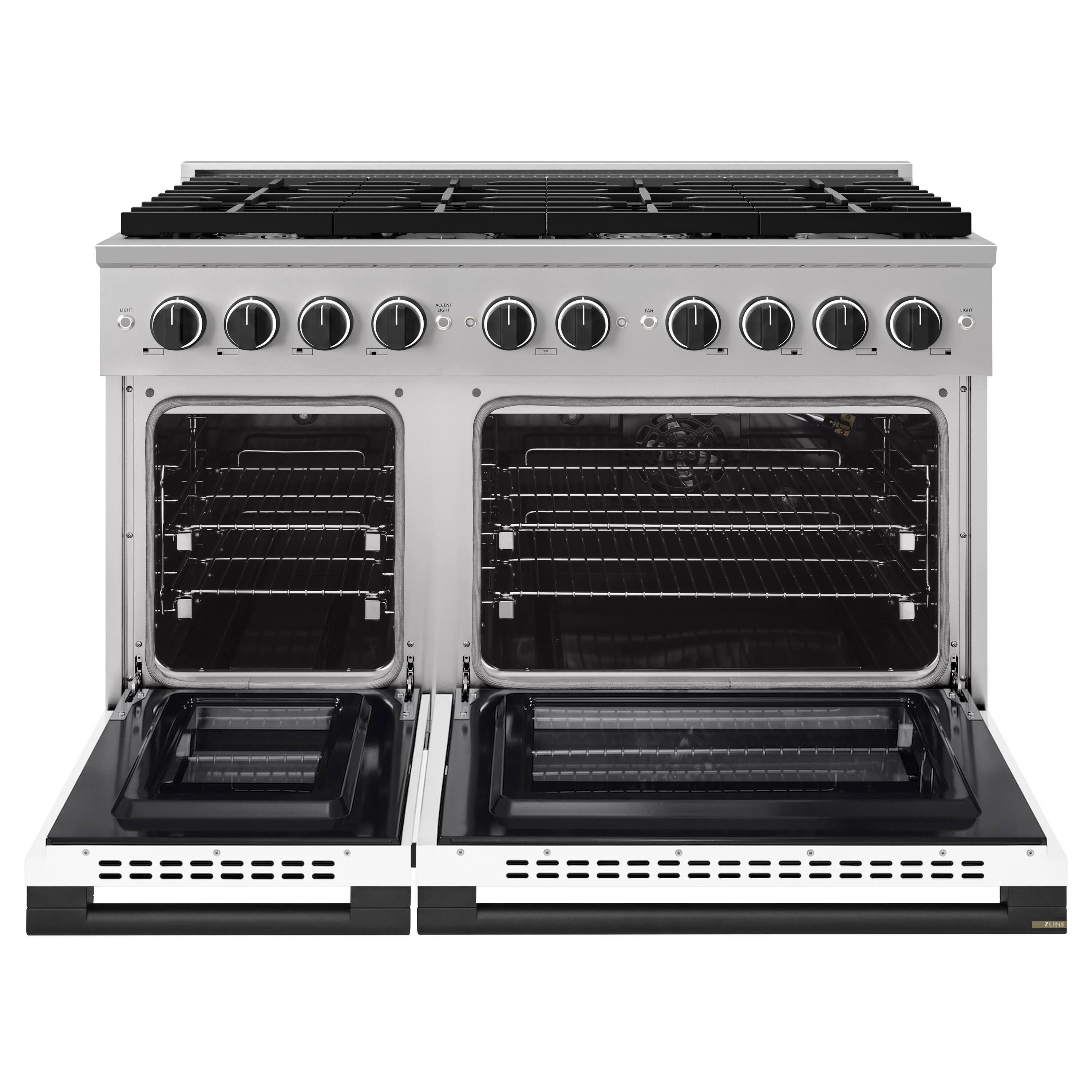 Angle. ZLINE - Autograph 48 in. 6.7 cu. ft. Marino Freestanding Double Oven Gas Range with 8 Burners and Matte Black Accents - White Matte.